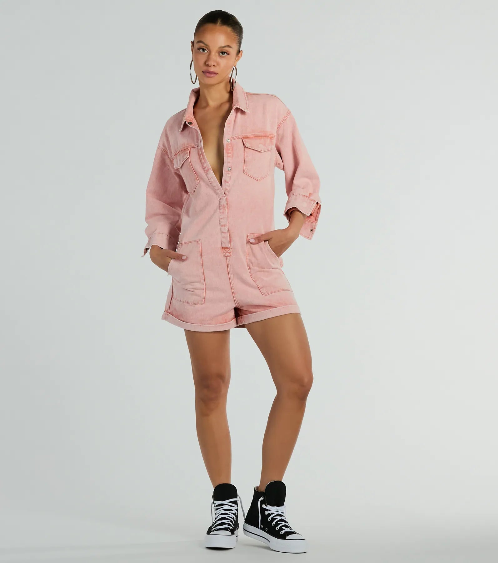 Ultimate Road Trip Long Sleeve Acid Denim Romper