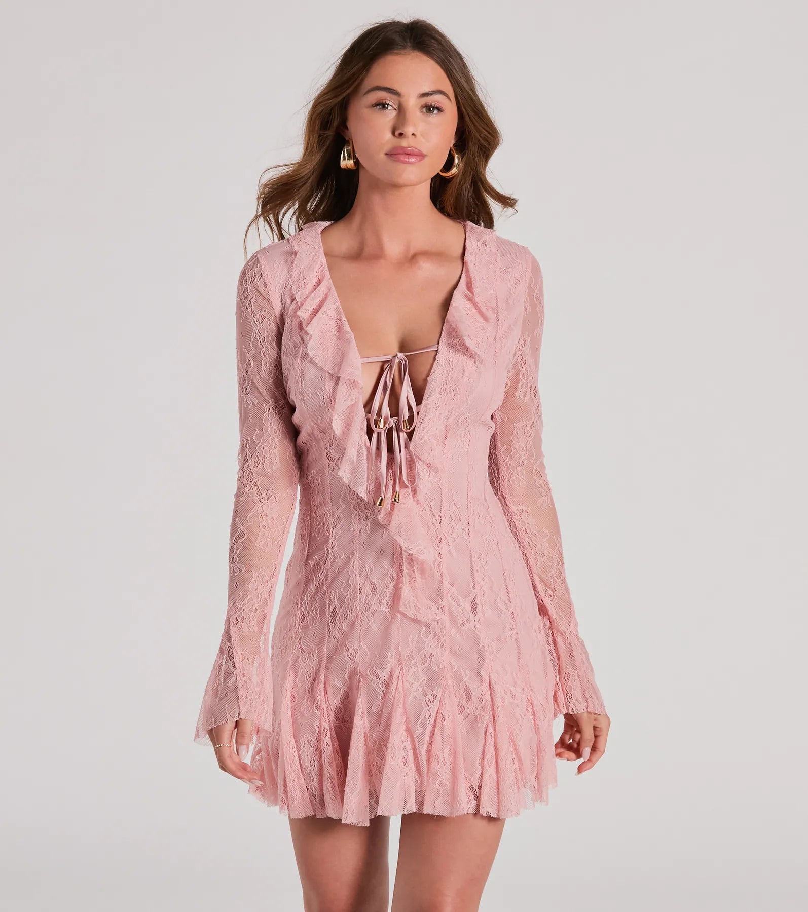 Ultimate Dreamy Mix Long Sleeve Ruffle Lace A-Line Dress