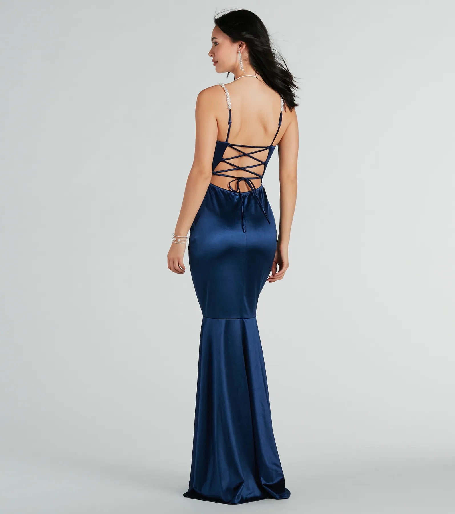 Premium Devina Elegance Satin Lace-Up Gown with Faux Pearls