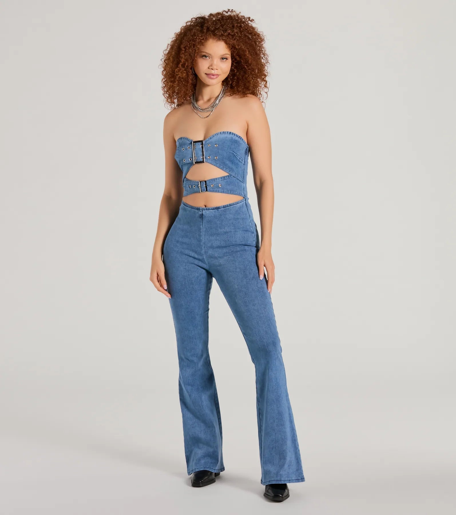 Ultimate Strapless Denim Jumpsuit with Buckle Details & Flare Hem