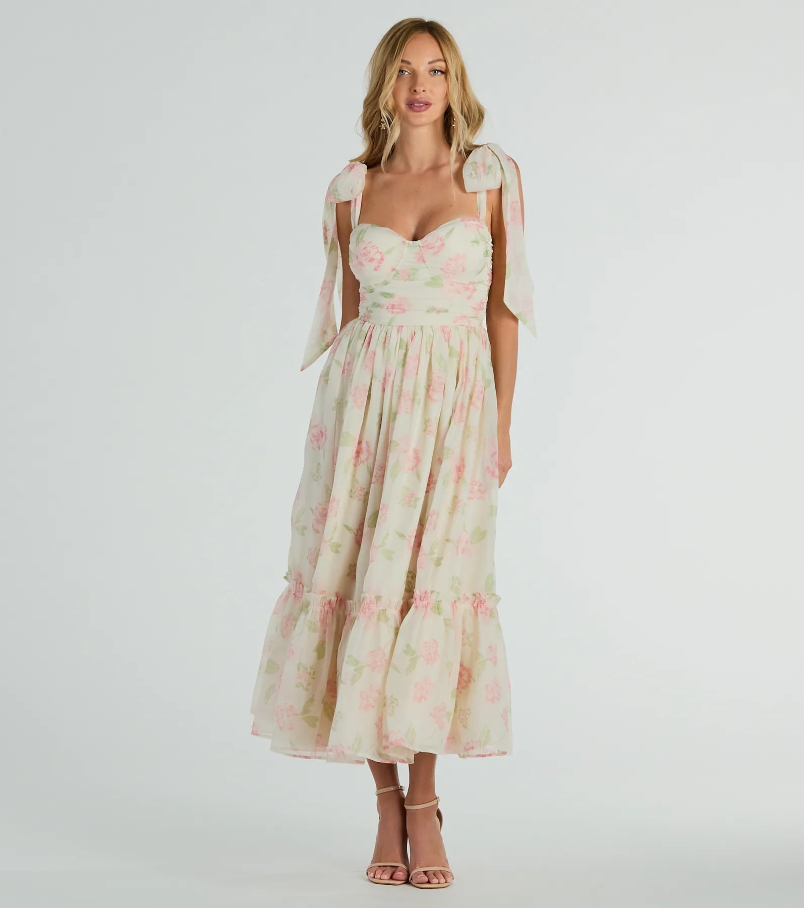 Premium Gretchen Sweetheart Tie Floral Chiffon Midi Dress - Ultimate Elegance