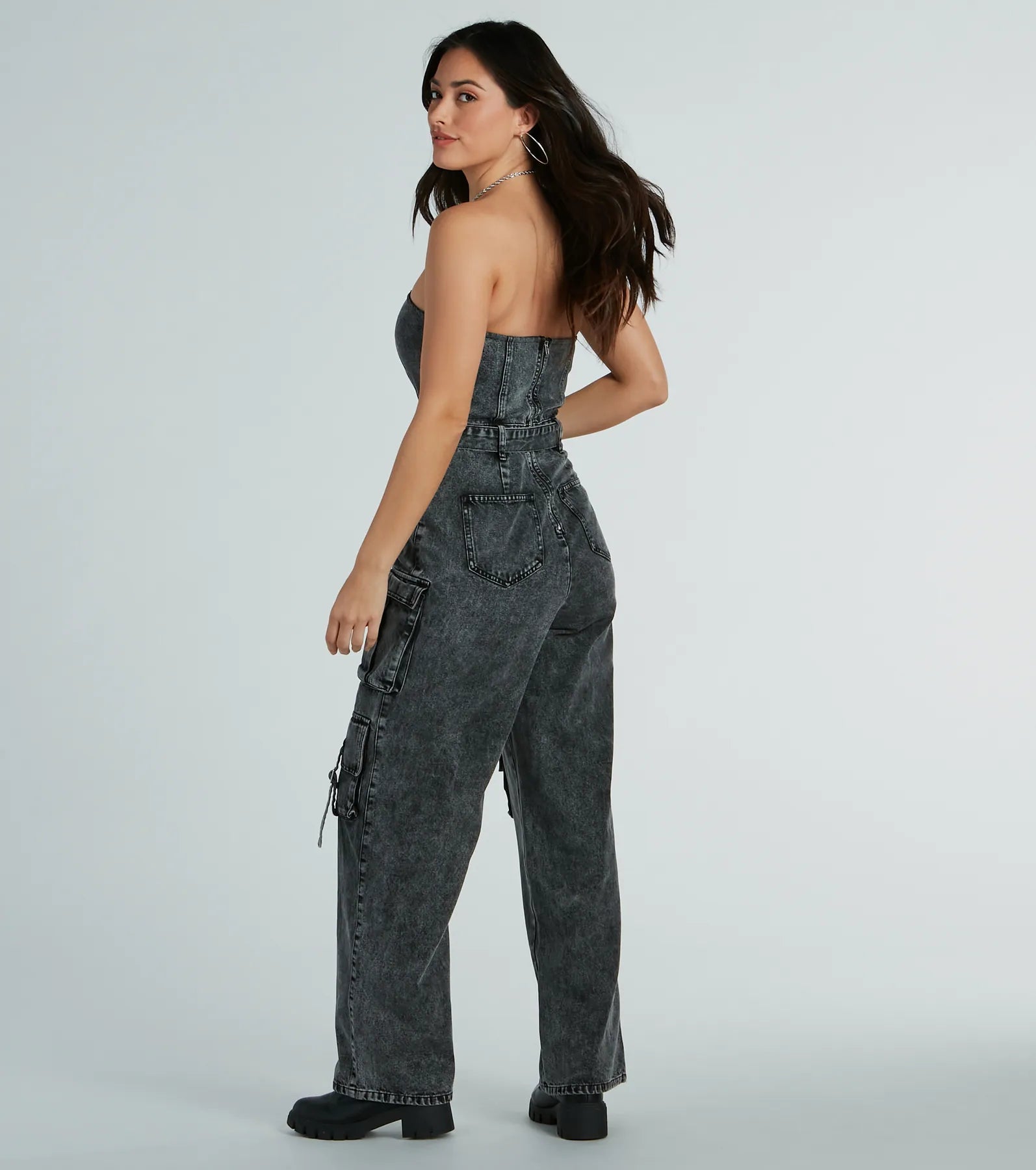 Ultimate Acid-Wash Denim Jumpsuit: Strapless Cargo Wide-Leg Style