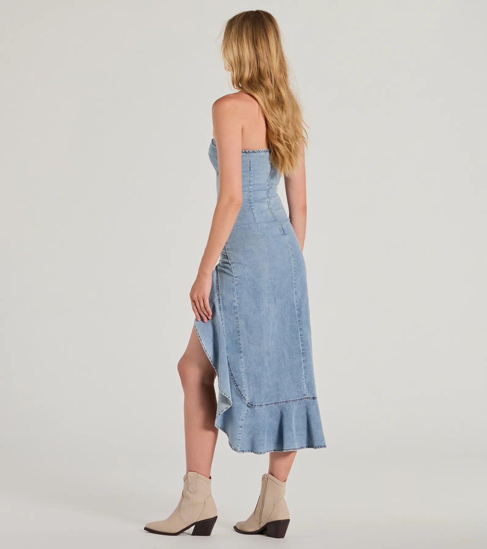 Ultimate Style Strapless Ruffle High-Low Denim Dress