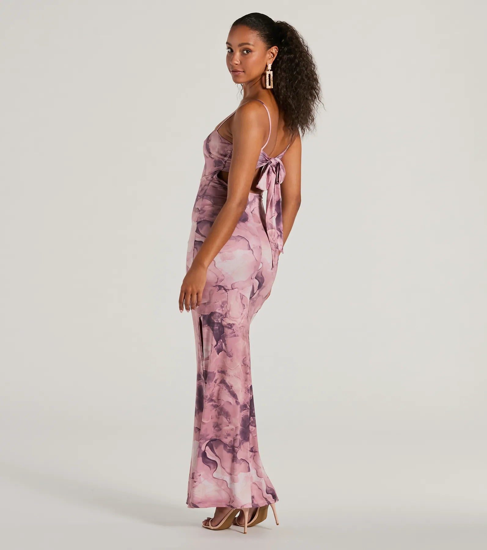 Premium Marble Print Tie-Back Maxi Dress with Slit