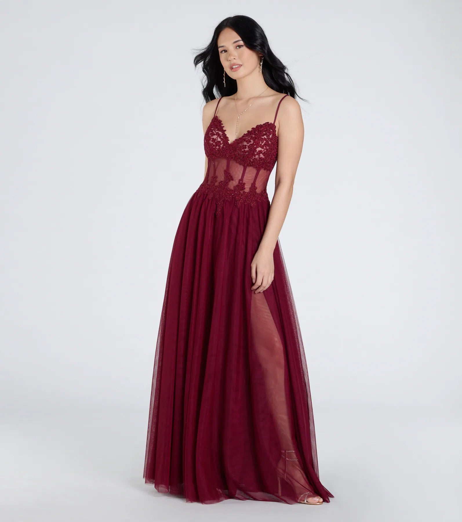 Fatima Premium Embroidered V-Neck Tulle Gown