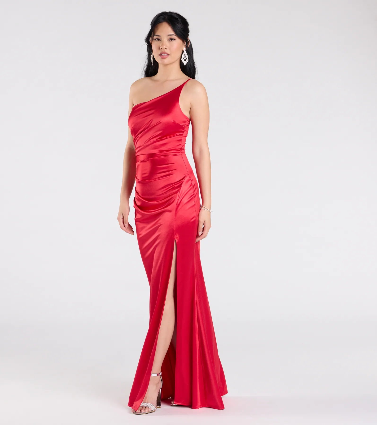 Premium Contessa One-Shoulder Slit Satin Evening Gown