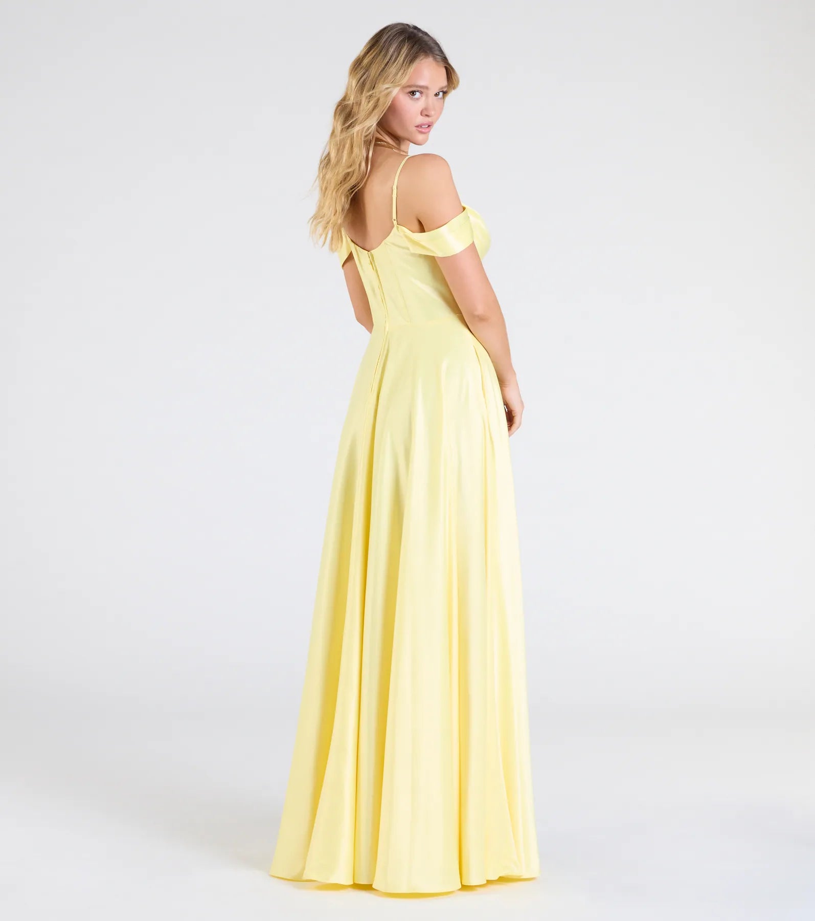 Premium Alira Satin Cold Shoulder A-Line Gown