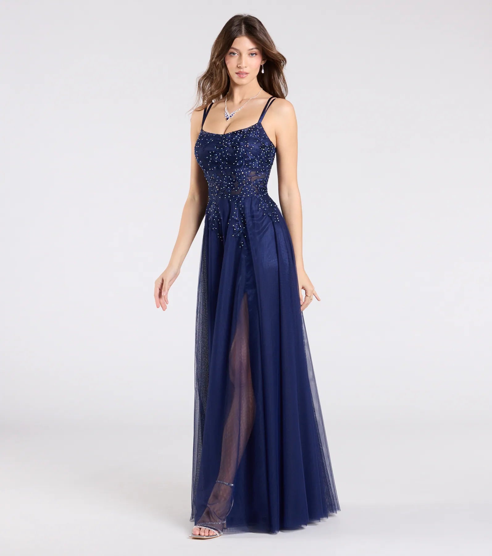 Premium Leslie Floral Applique Lace-Up A-Line Formal Gown