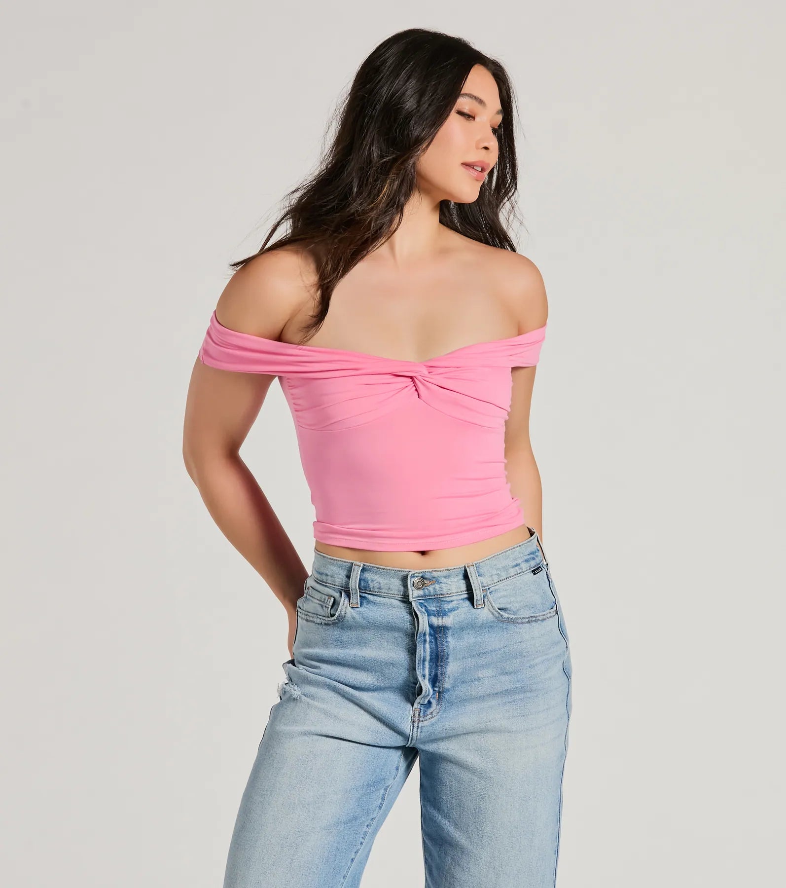 Ultimate Trendy Twist-Front Off-The-Shoulder Crop Top