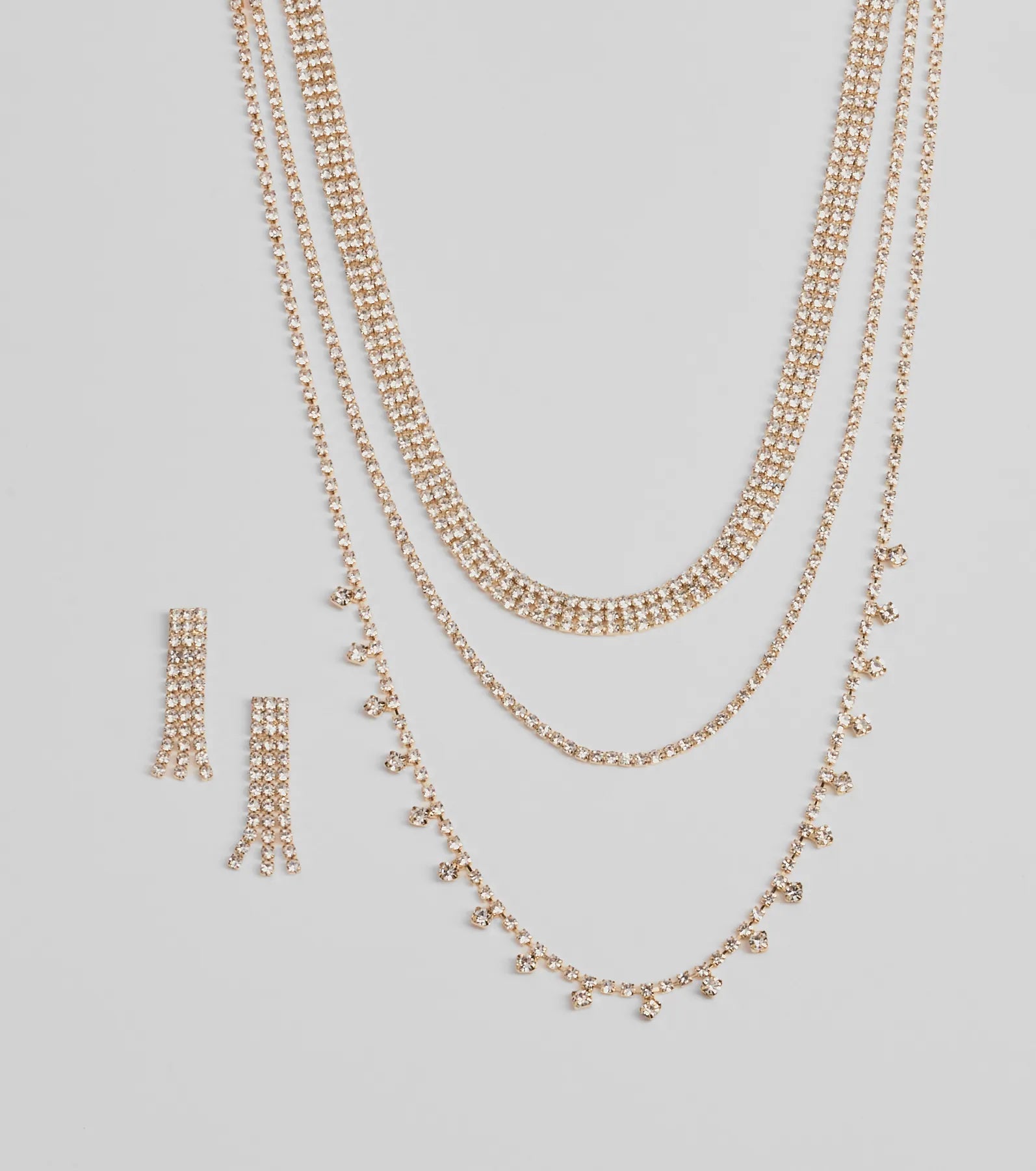 Ultimate Elegance: Triple-Layer Rhinestone Necklace & Earrings Set