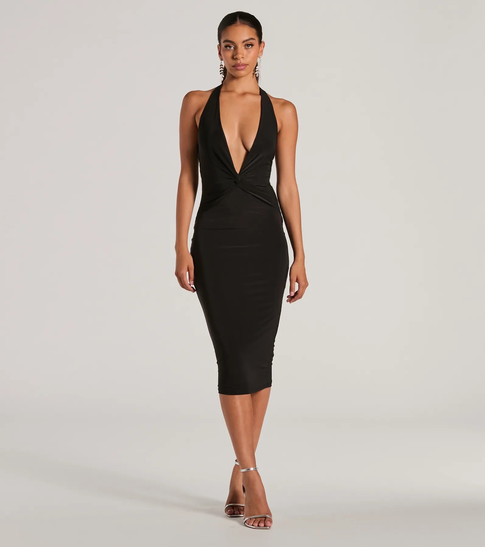 Ultimate Sultry Evening Plunge V-Neck Halter Midi Dress