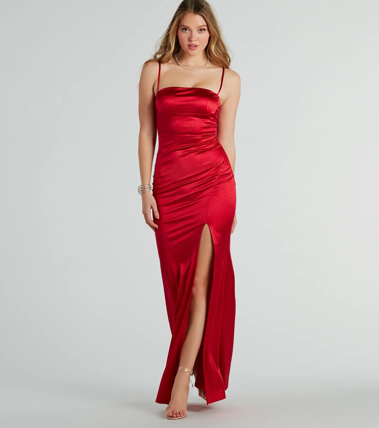 Premium Hallie Rhinestone Satin Mermaid Dress with High Slit