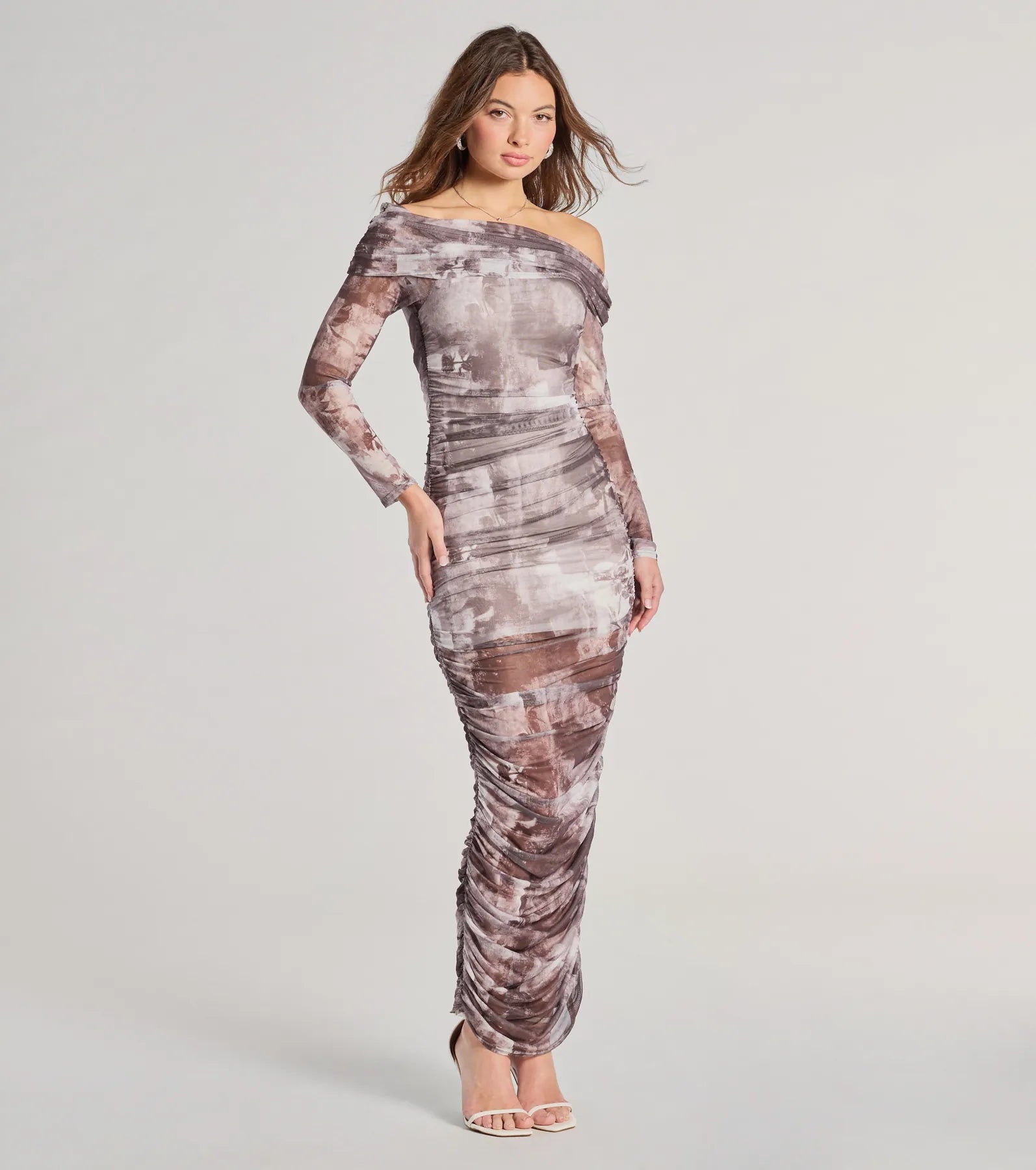 Premium Uptown Doll Abstract Maxi Dress - Off-The-Shoulder Elegance