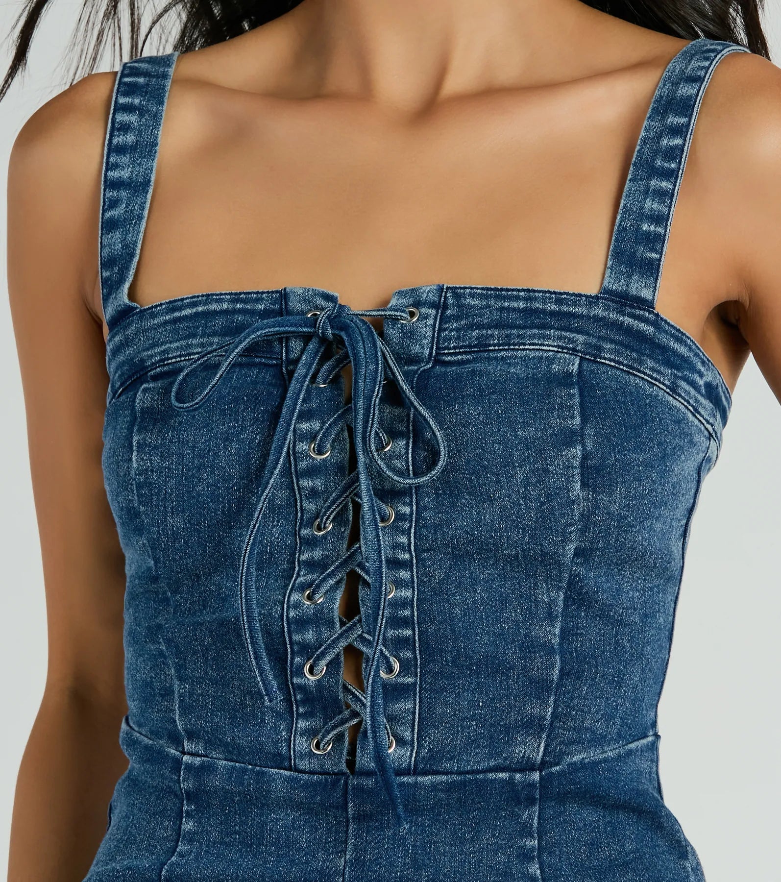 Ultimate Flirty Denim Romper - Lace-Up Summer Essential