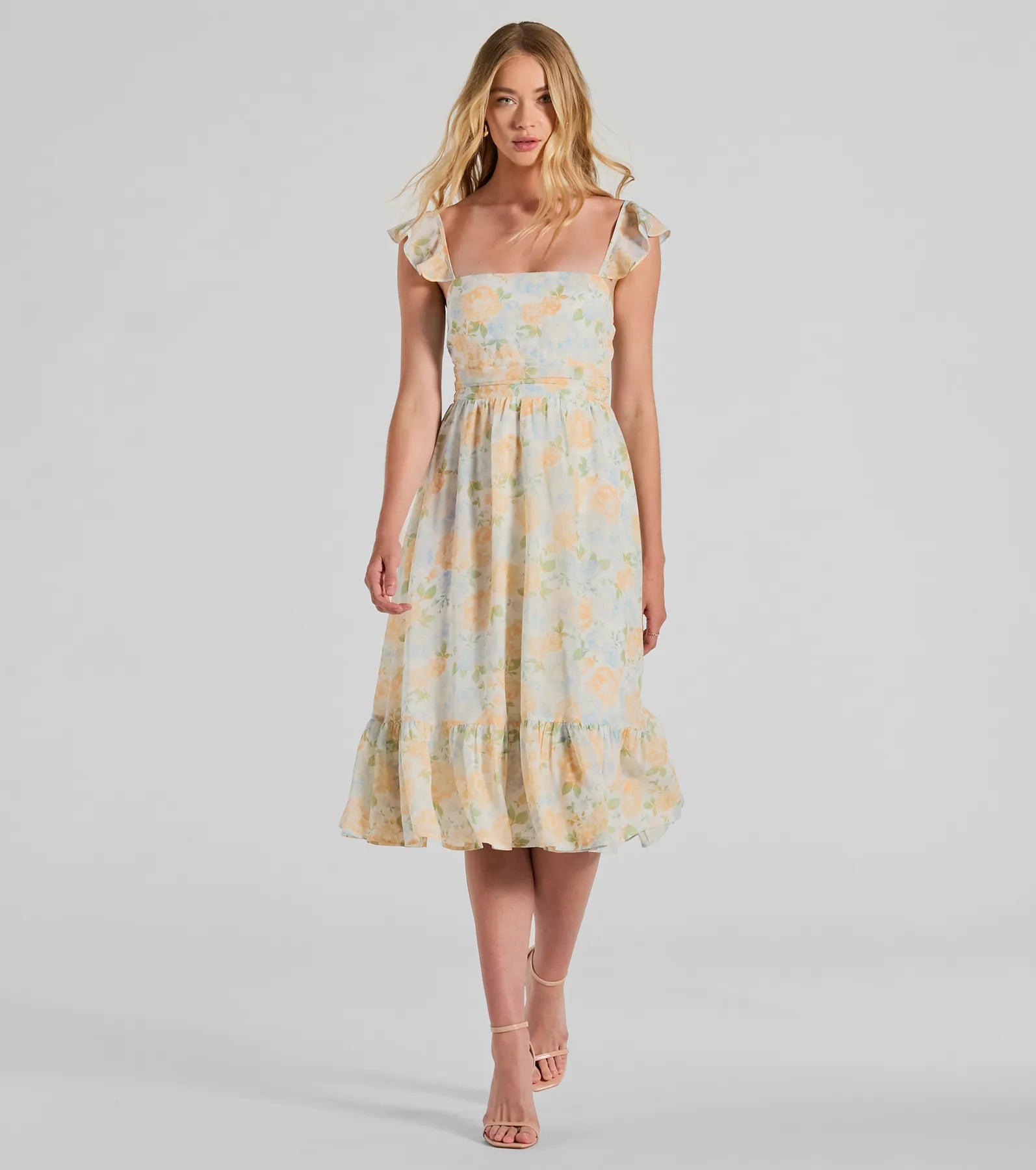 Ultimate Elegance Ruffled Floral Chiffon Midi Dress