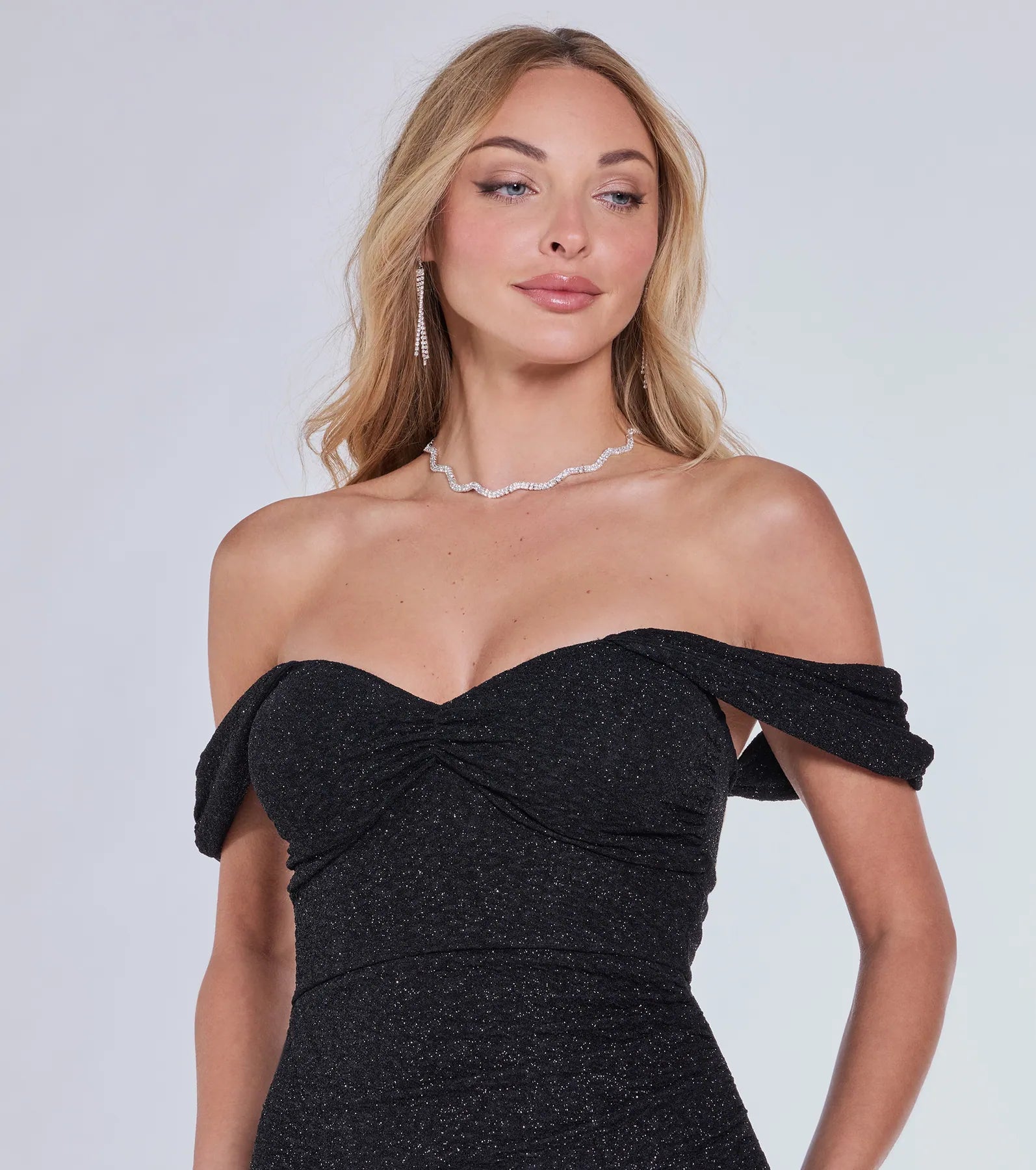 Ultimate Lennon Glitter Knit Dress – Off-The-Shoulder Elegance