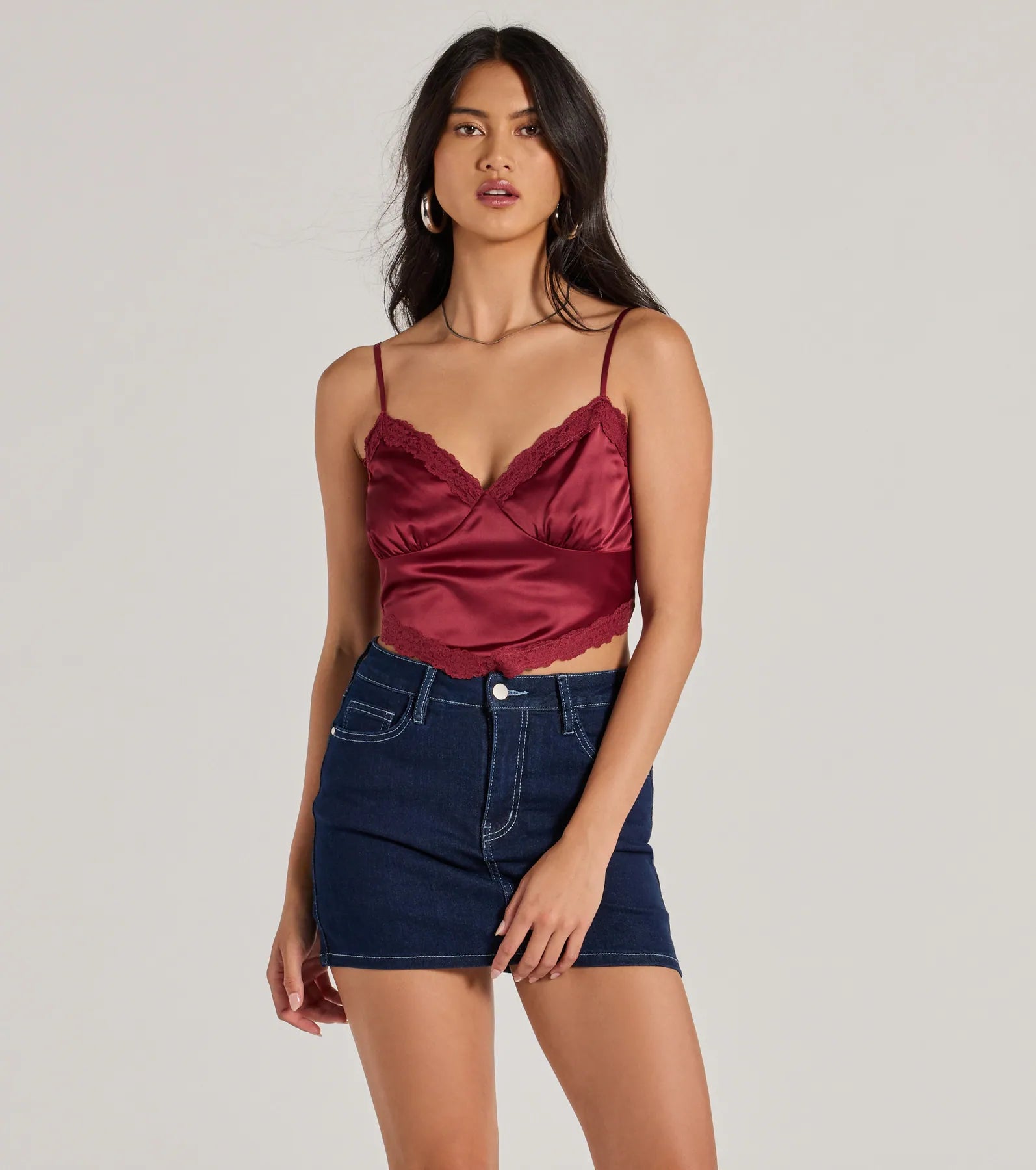 Premium Romance Lace Trim Satin Cami Crop Top