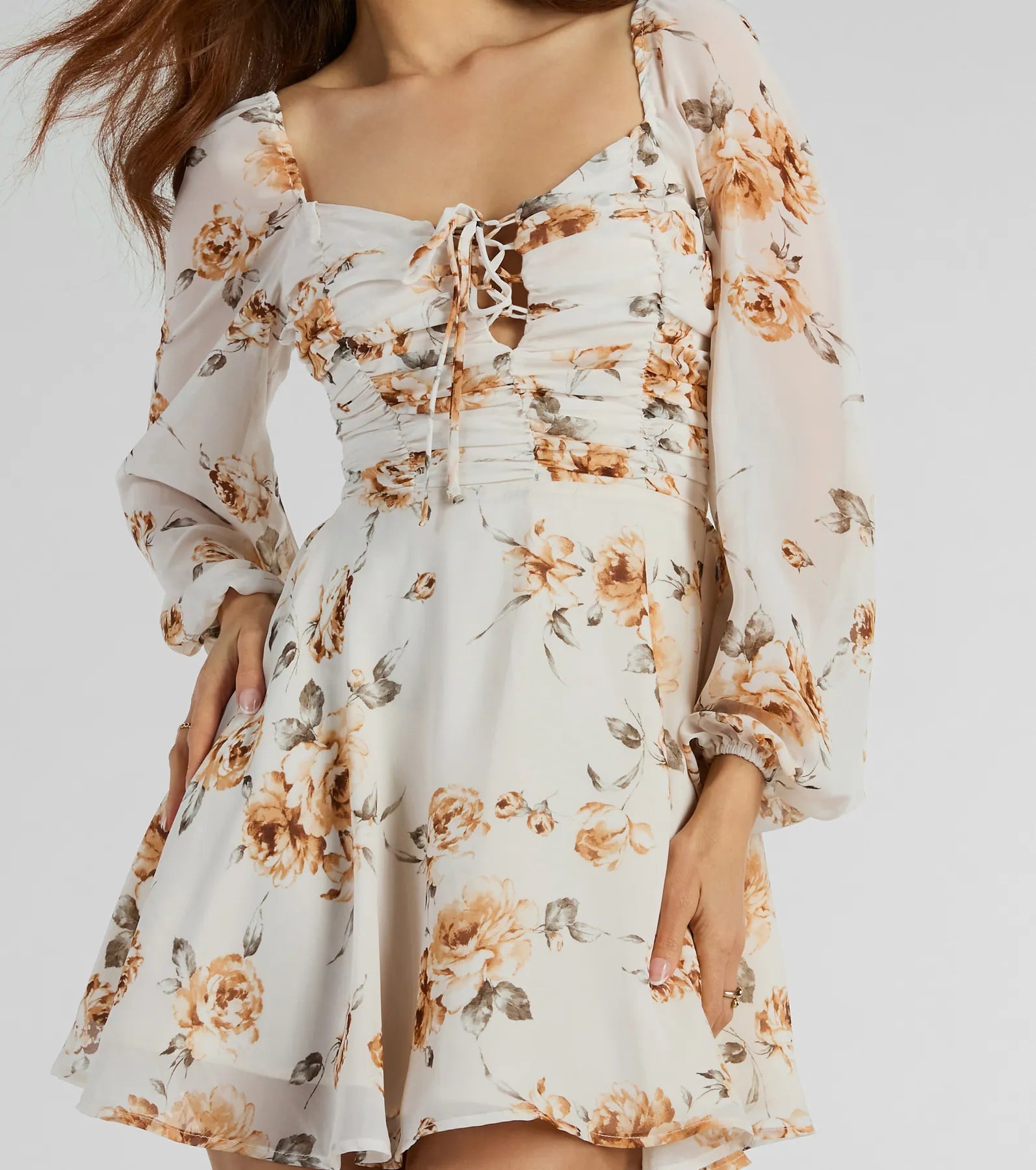 Premium Floral Chiffon Skater Dress with Lace-Up Detail