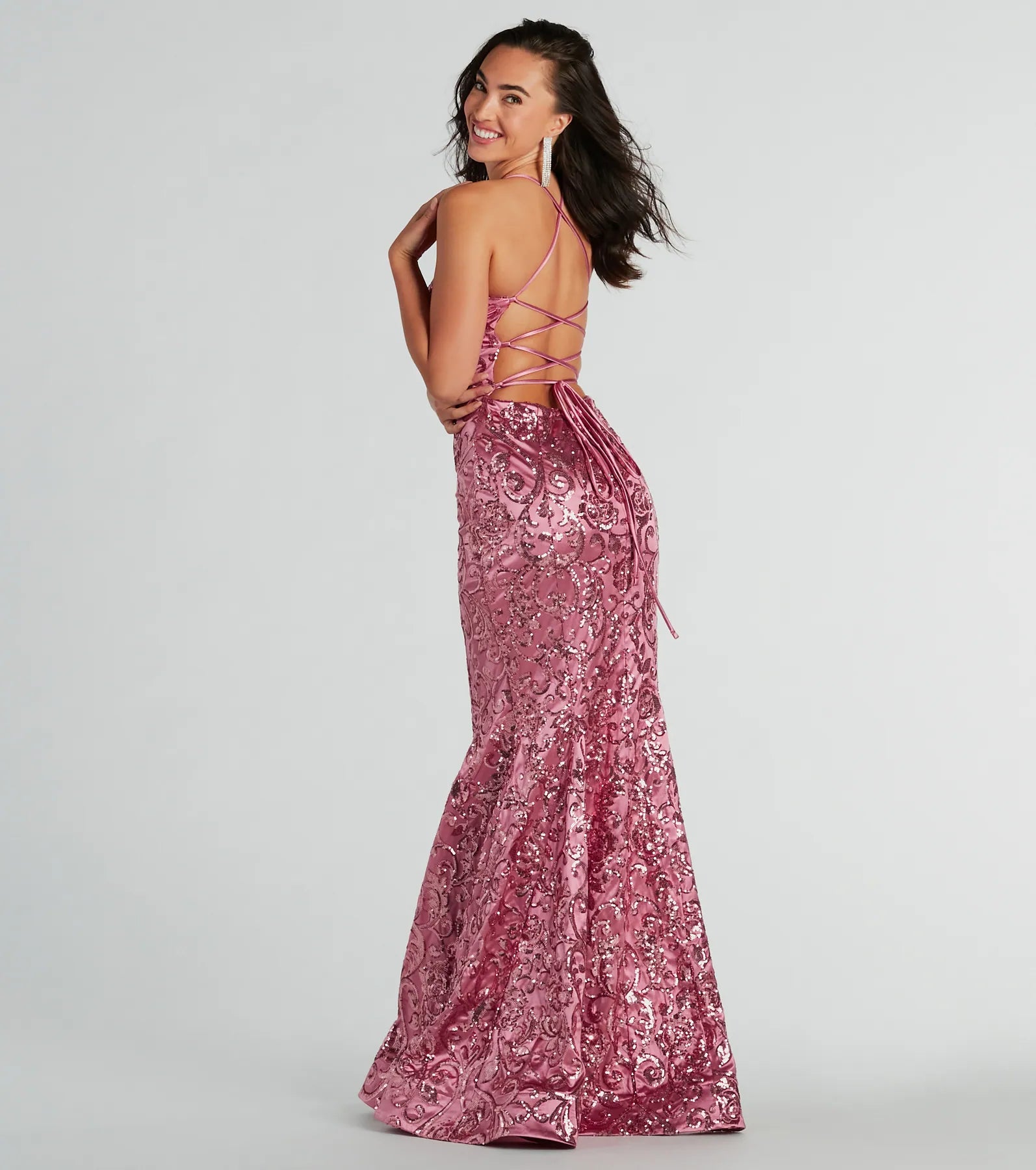 Ultimate Saskia Lace-Up Mermaid Sequin Satin Formal Gown