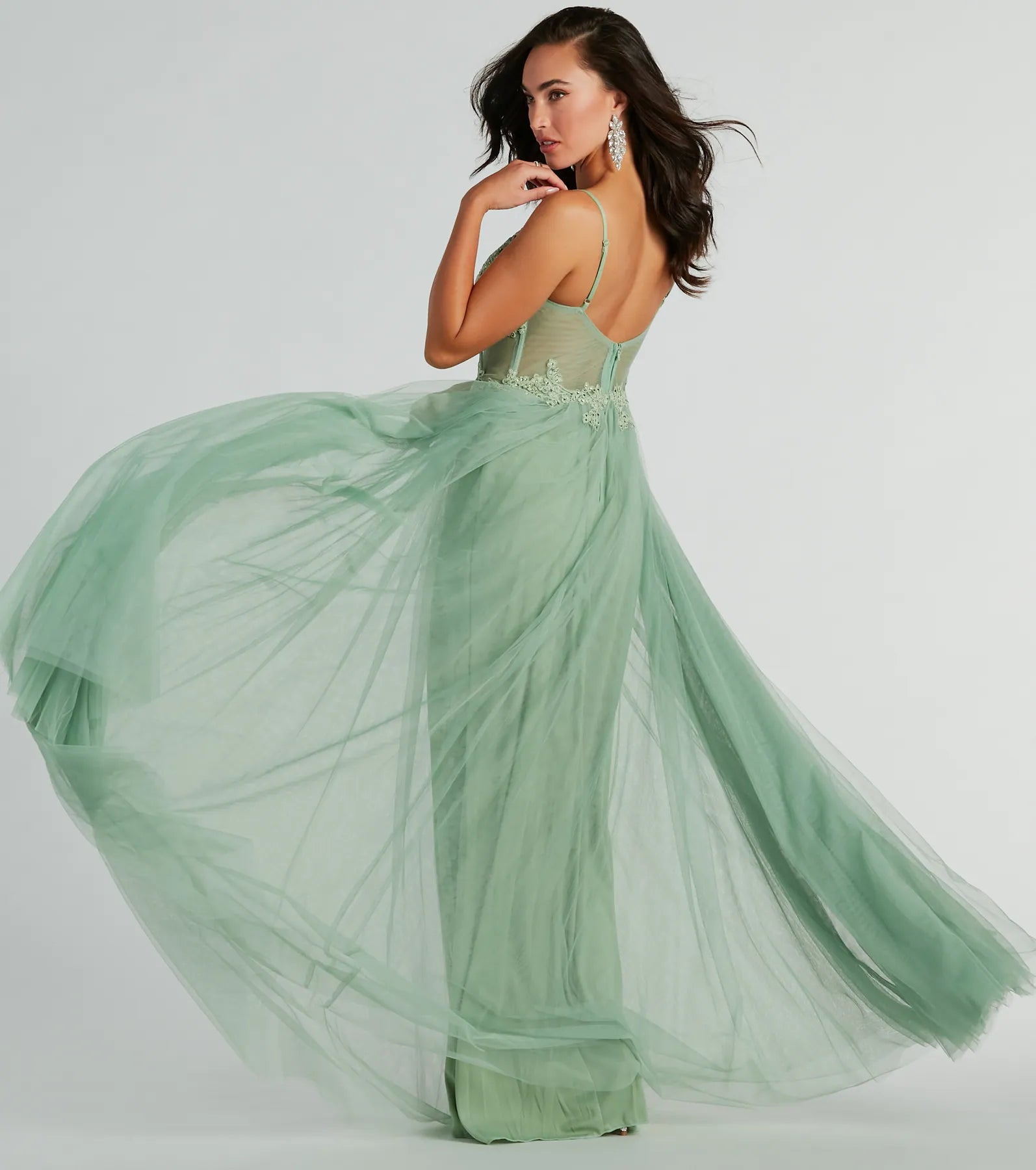 Fatima Premium Embroidered V-Neck Tulle Gown