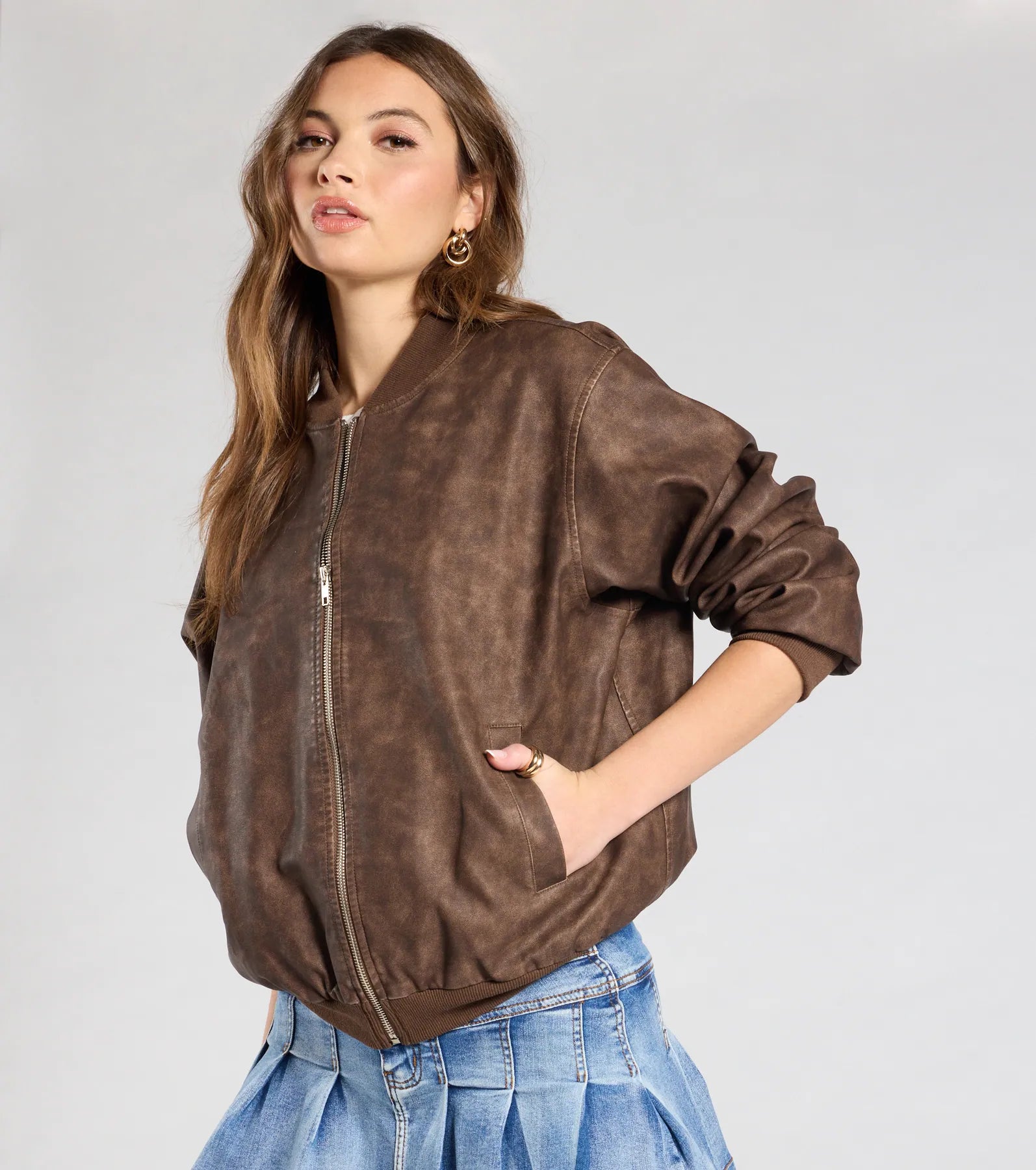 Ultimate Edgy Cutie Distressed Faux Leather Bomber Jacket