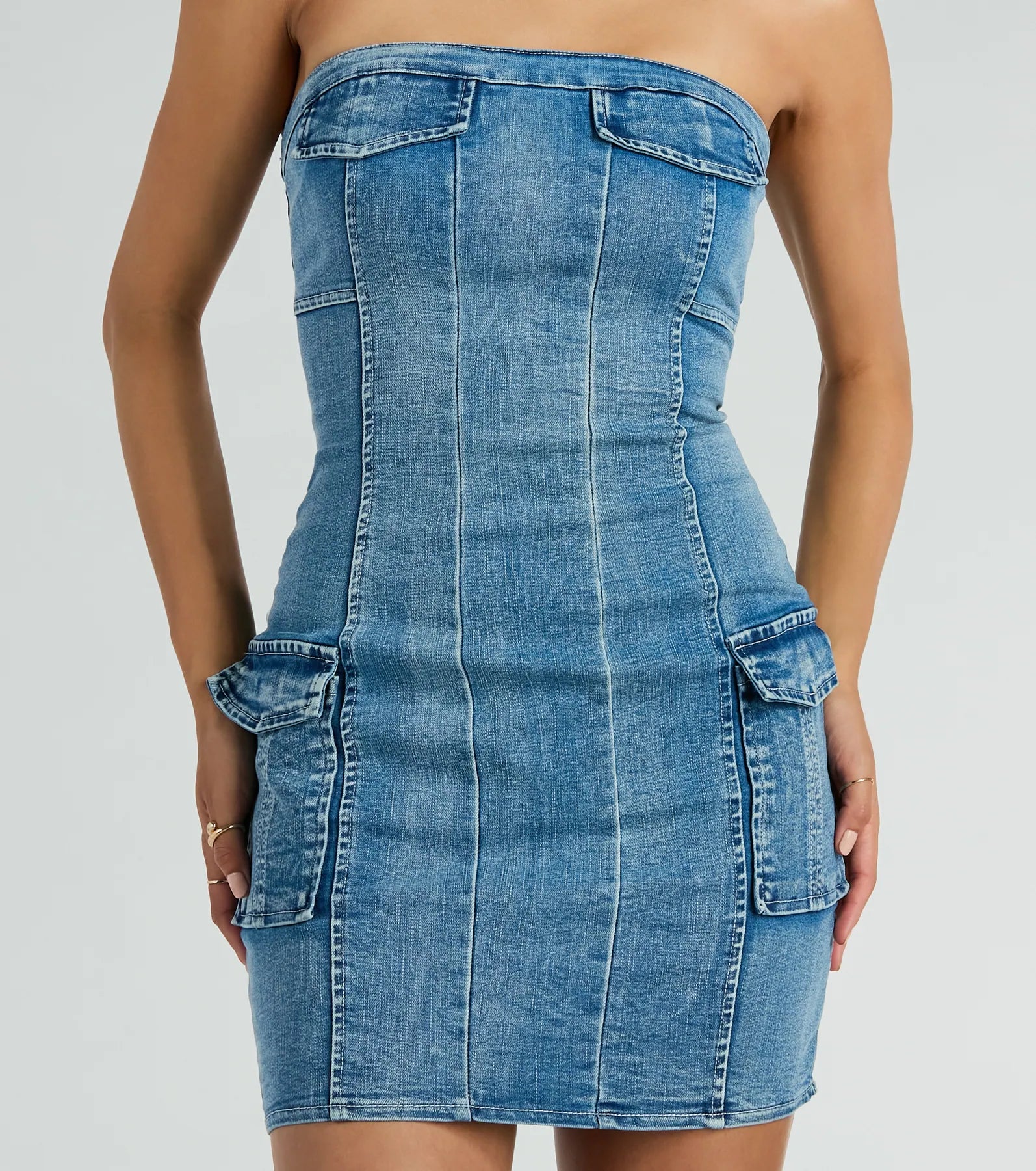 Ultimate Trendy Girl Next Door Strapless Denim Mini Dress