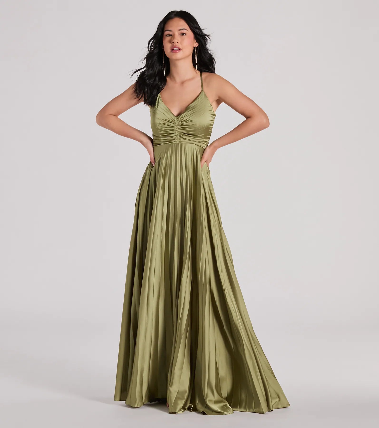 Charlie Luxe Lace-Up A-Line Pleated Satin Evening Gown