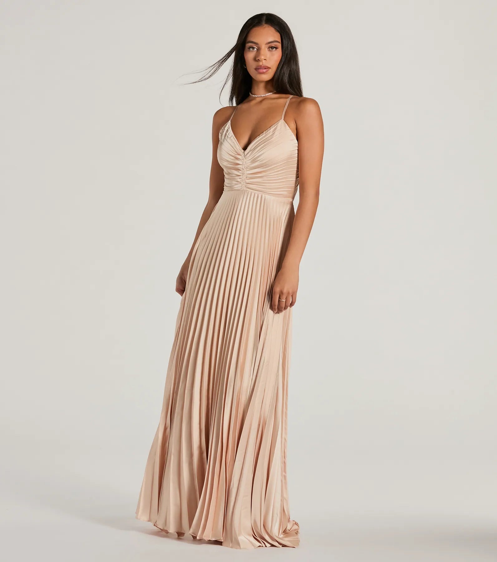 Charlie Luxe Lace-Up A-Line Pleated Satin Evening Gown