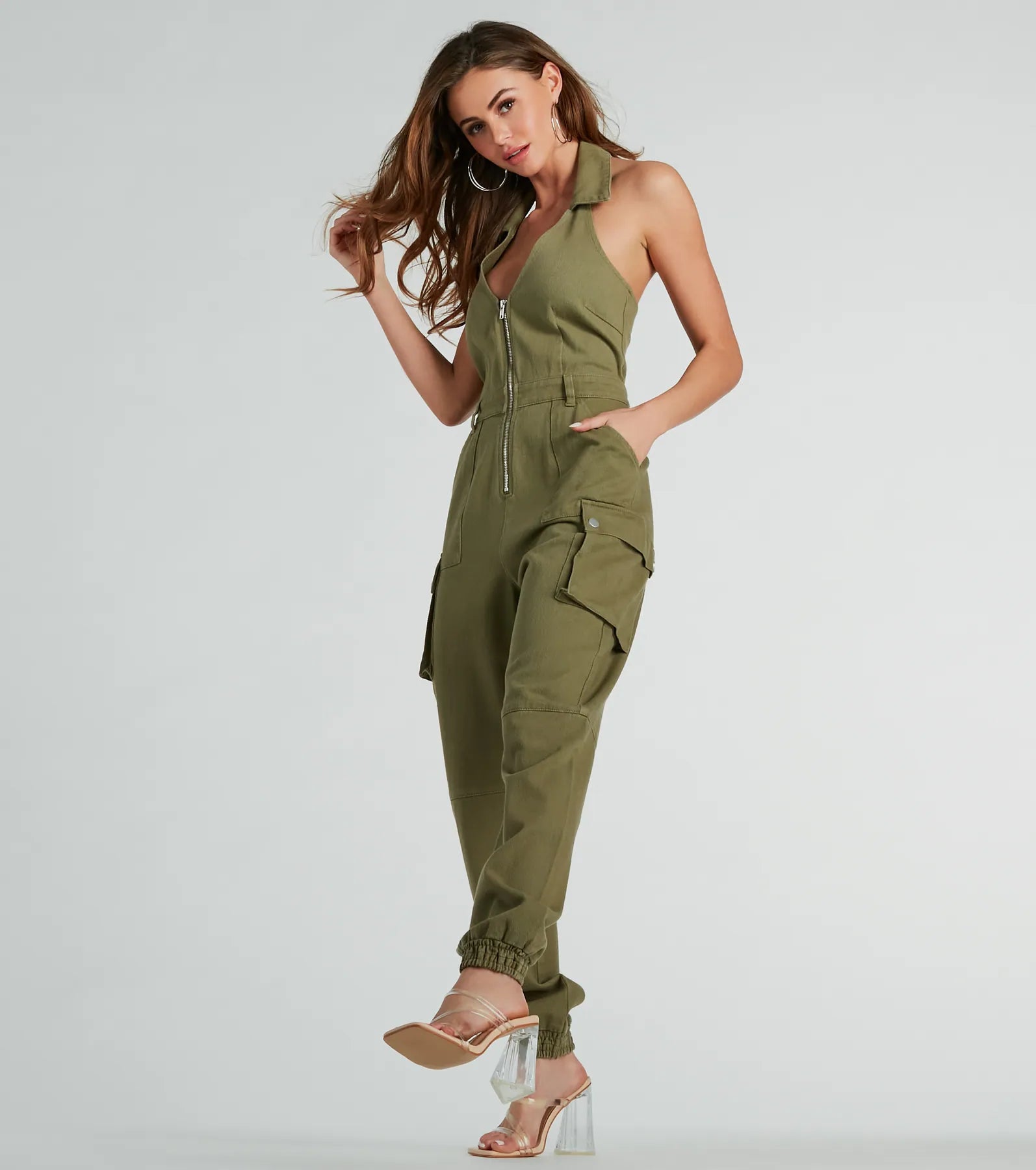 Ultimate Festival Ready Halter Cargo Jogger Denim Jumpsuit