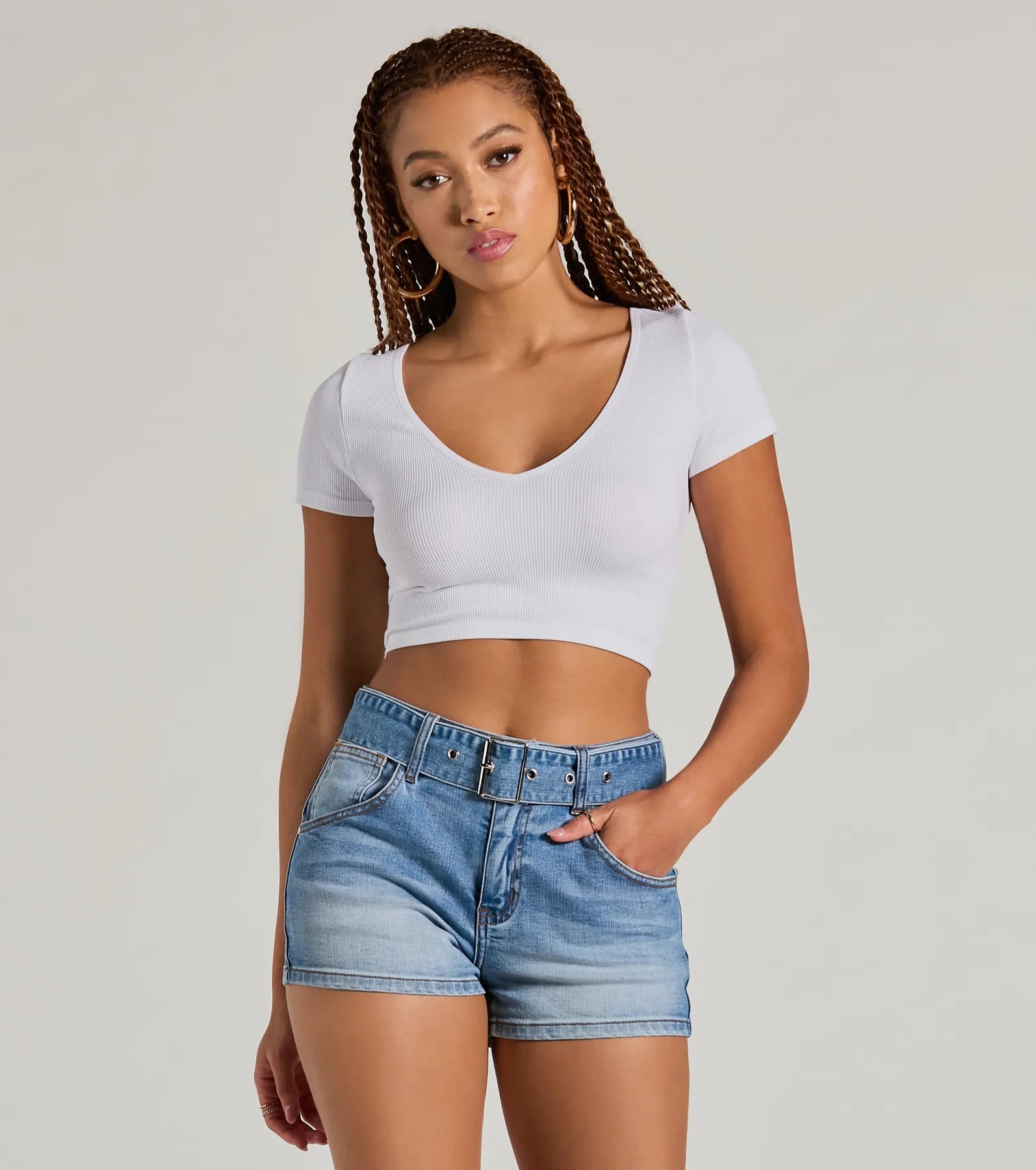 Premium Summer Girlie Mid Rise Belted Denim Shorts