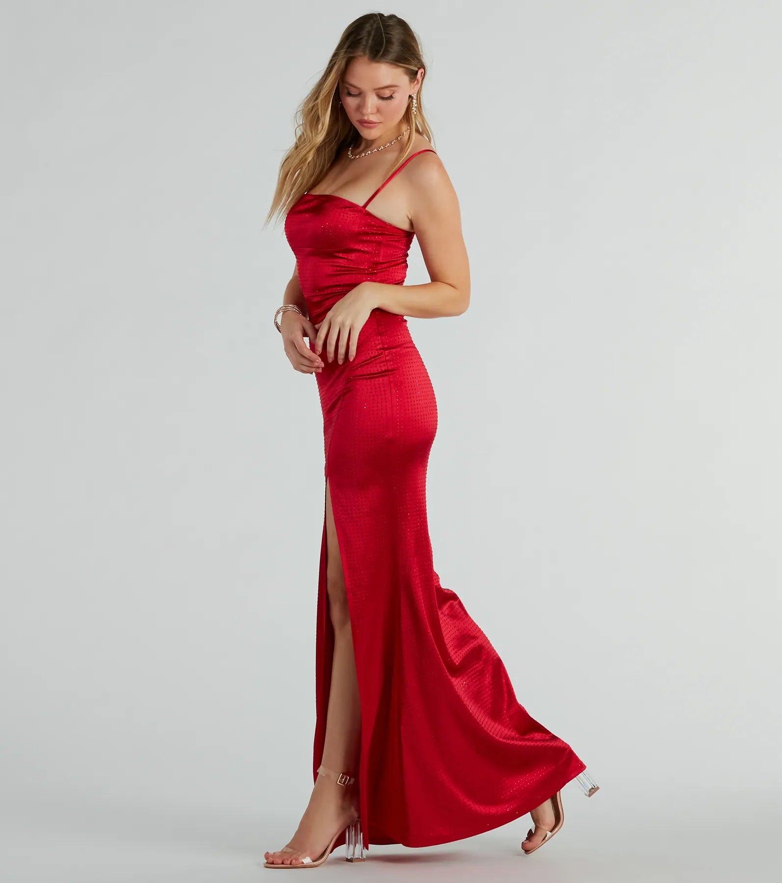 Premium Hallie Rhinestone Satin Mermaid Dress with High Slit