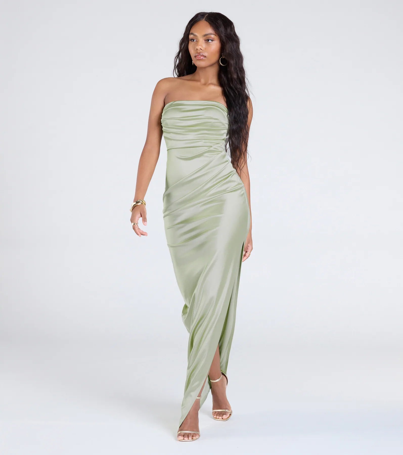 Brianna Premium Satin Strapless Evening Gown with High Slit