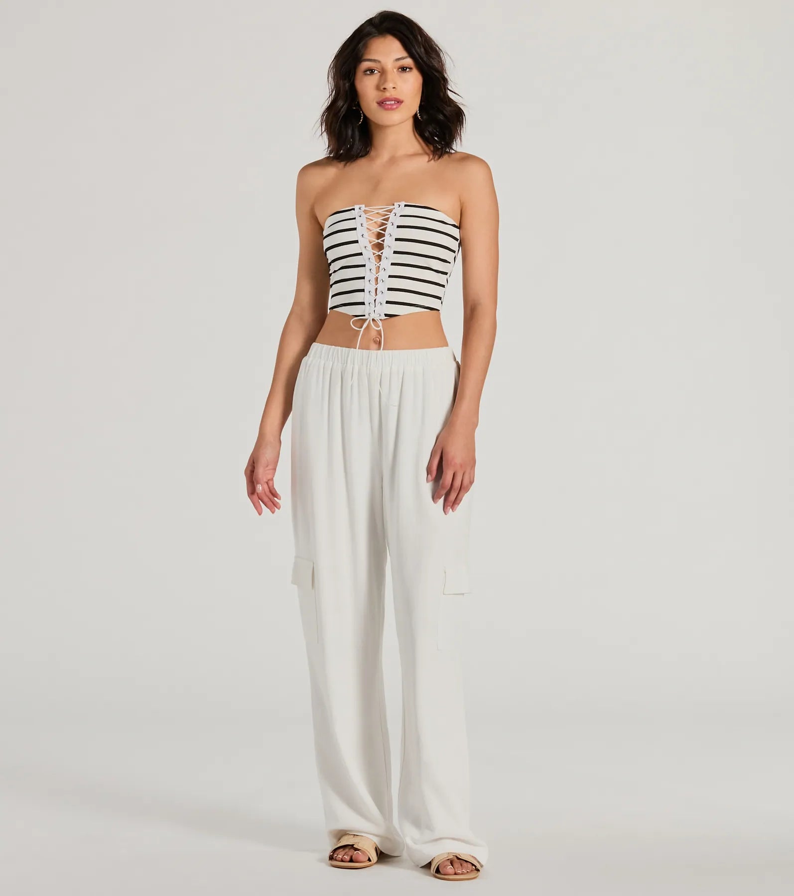 Ultimate Bold Babe Strapless Lace-Up Striped Crop Top