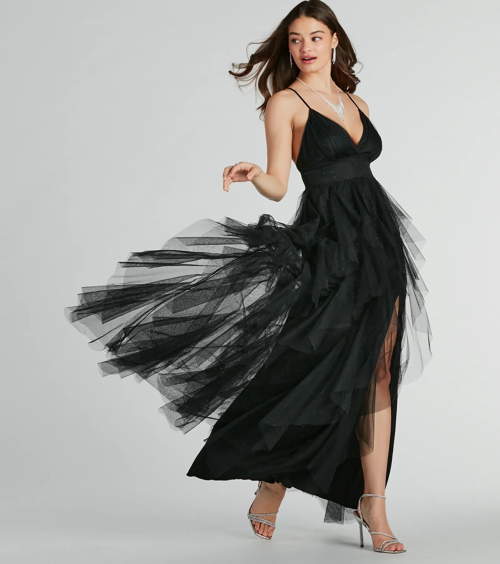 Ultimate Glamour: Wynonna V-Neck A-Line Ruffle Glitter Formal Dress