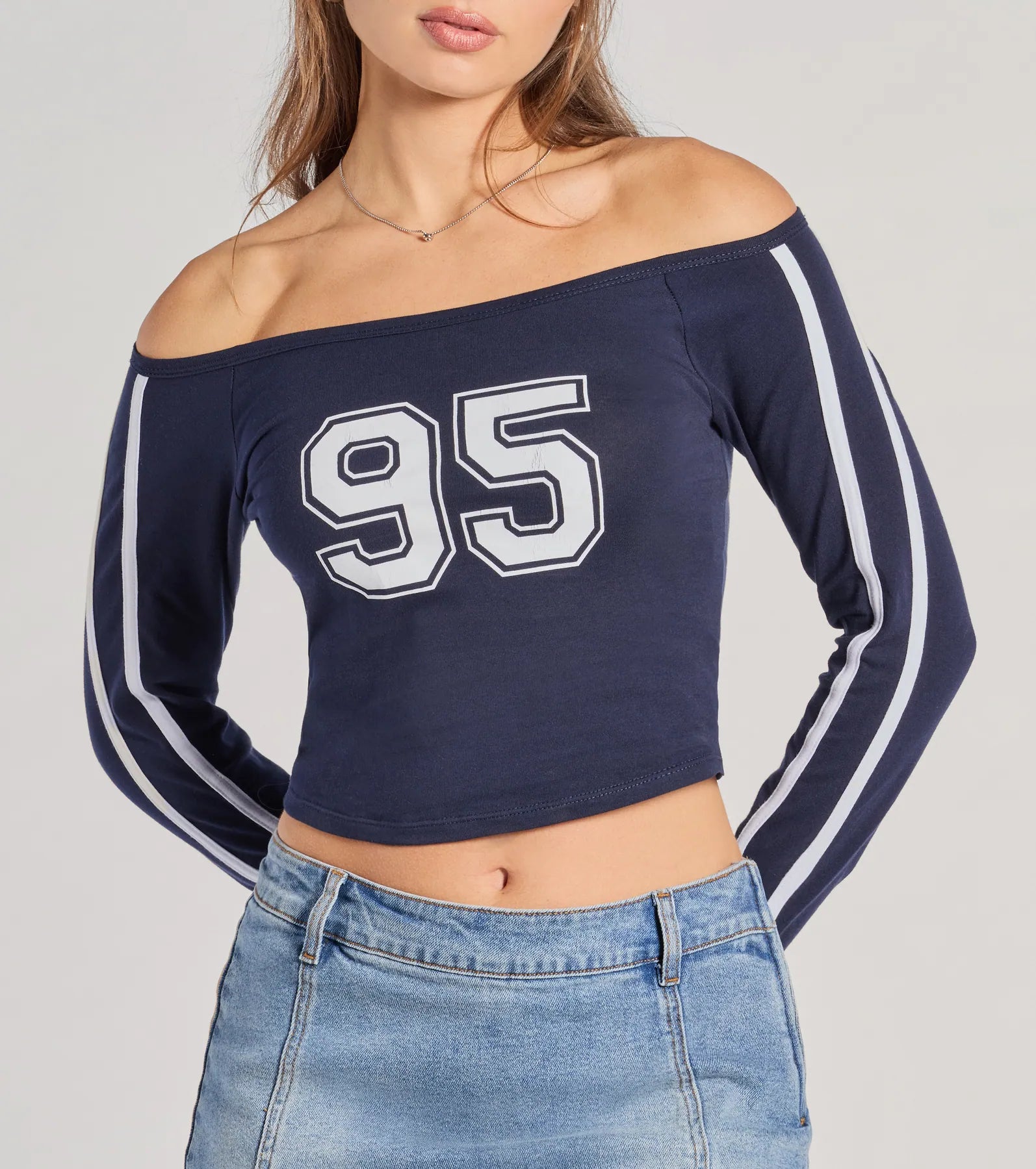 Ultimate '95 Retro Graphic Off-The-Shoulder Striped Crop Top