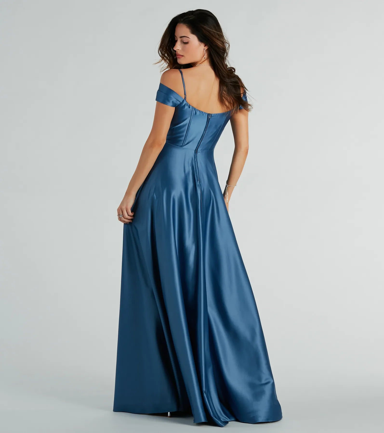 Premium Alira Satin Cold Shoulder A-Line Gown