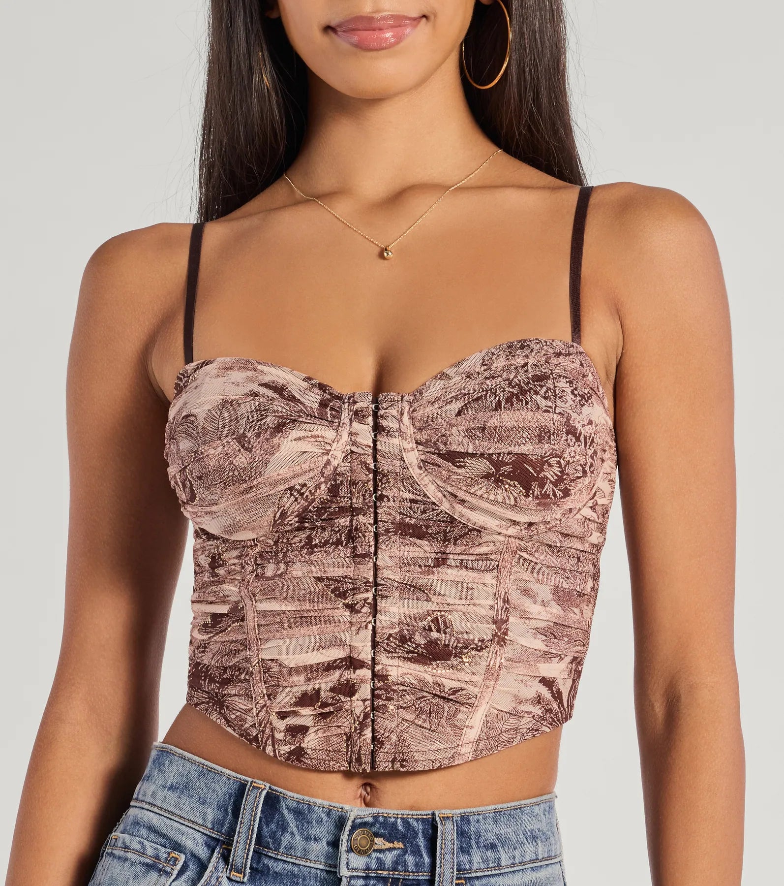 Premium Scenic Print Mesh Bustier Top - Stunning Nature-Inspired Design