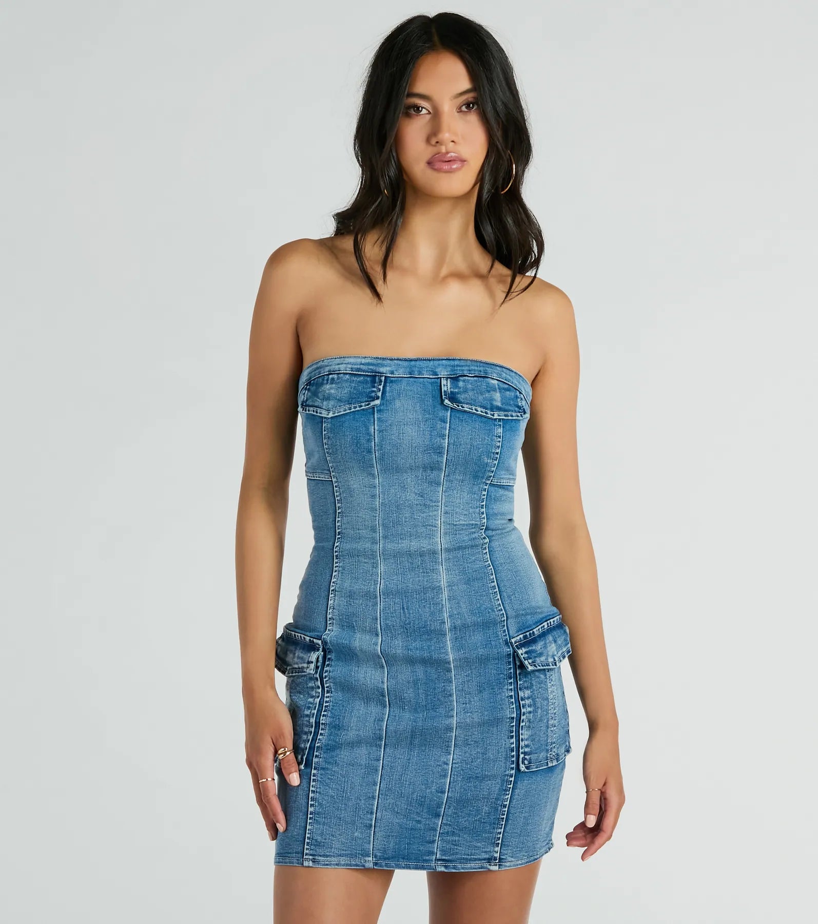 Ultimate Trendy Girl Next Door Strapless Denim Mini Dress