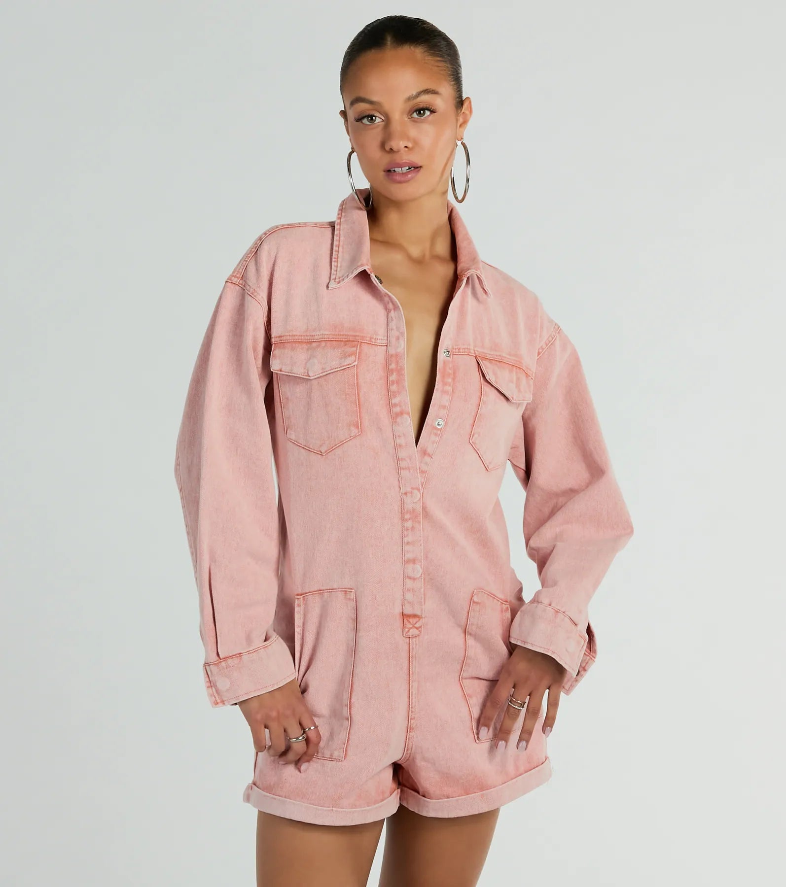 Ultimate Road Trip Long Sleeve Acid Denim Romper