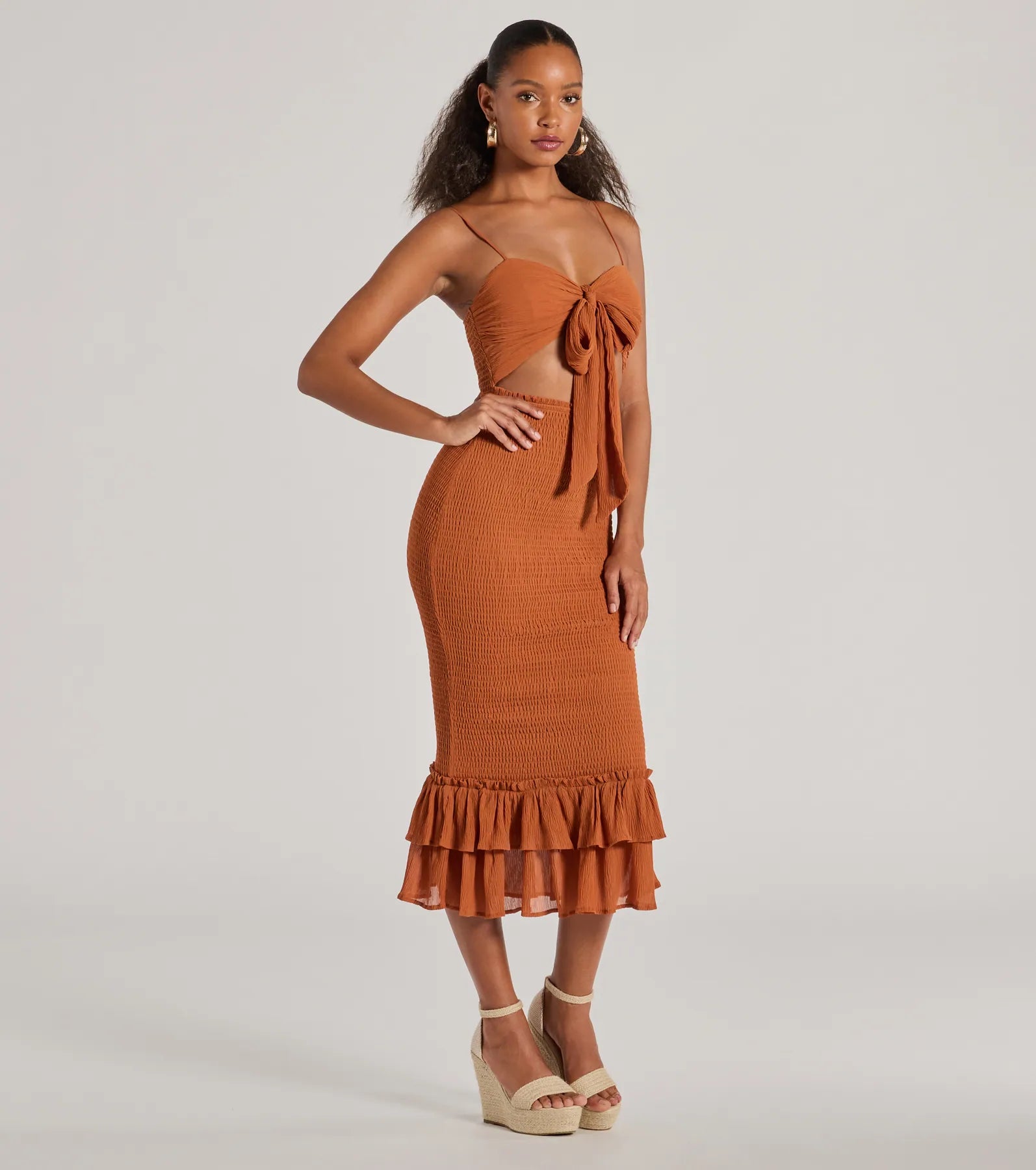 Ultimate Bold Babe Chiffon Midi Dress with Cutout & Ruffles