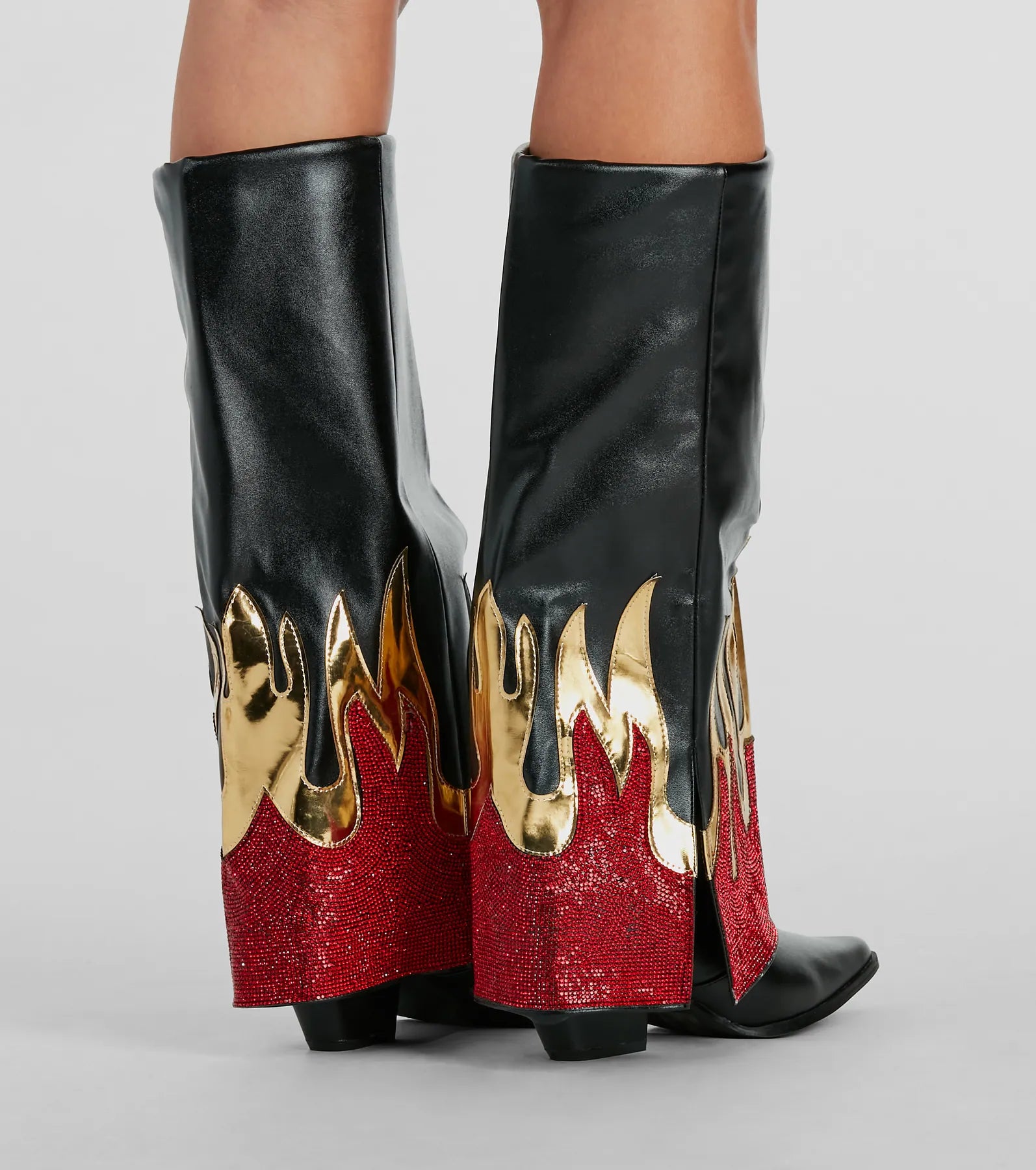 Ultimate Rhinestone Flame Fold-Over Boots - Premium Western Style