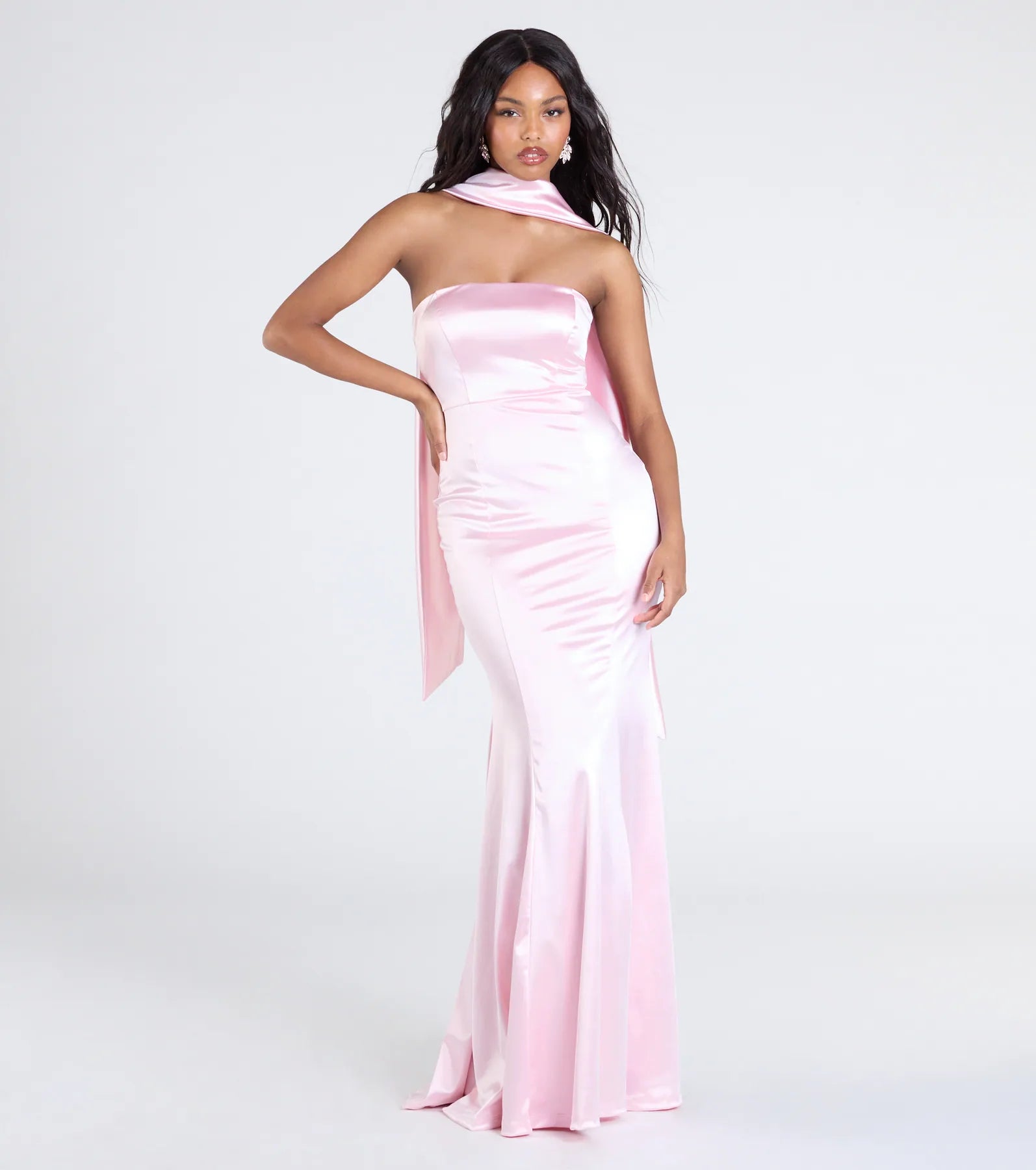 Premium Santana Strapless Scarf Mermaid Gown - Ultimate Formal Elegance