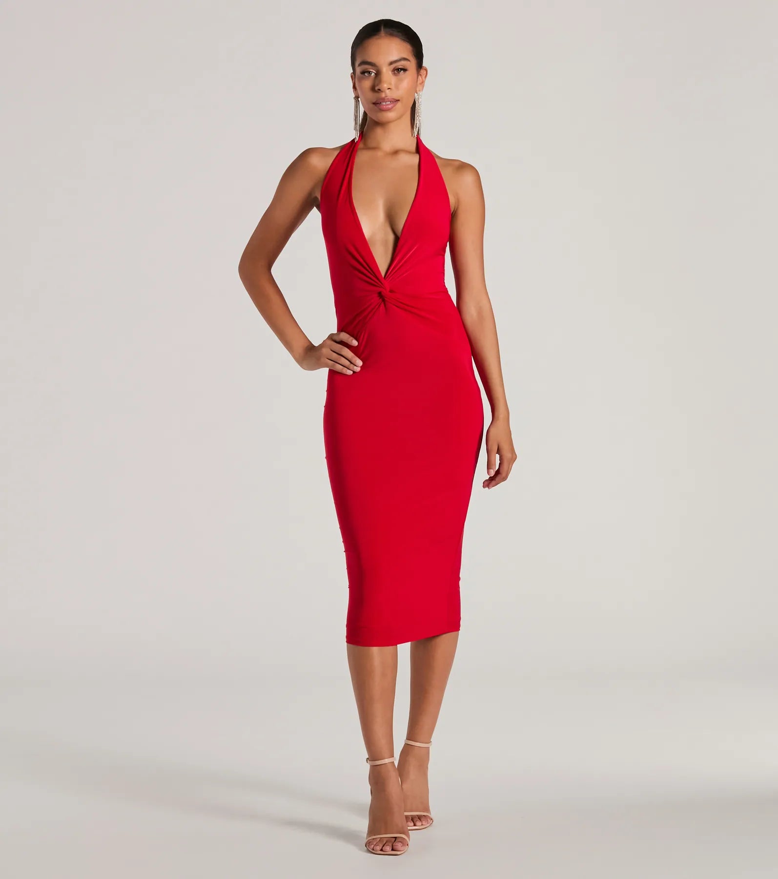 Ultimate Sultry Evening Plunge V-Neck Halter Midi Dress