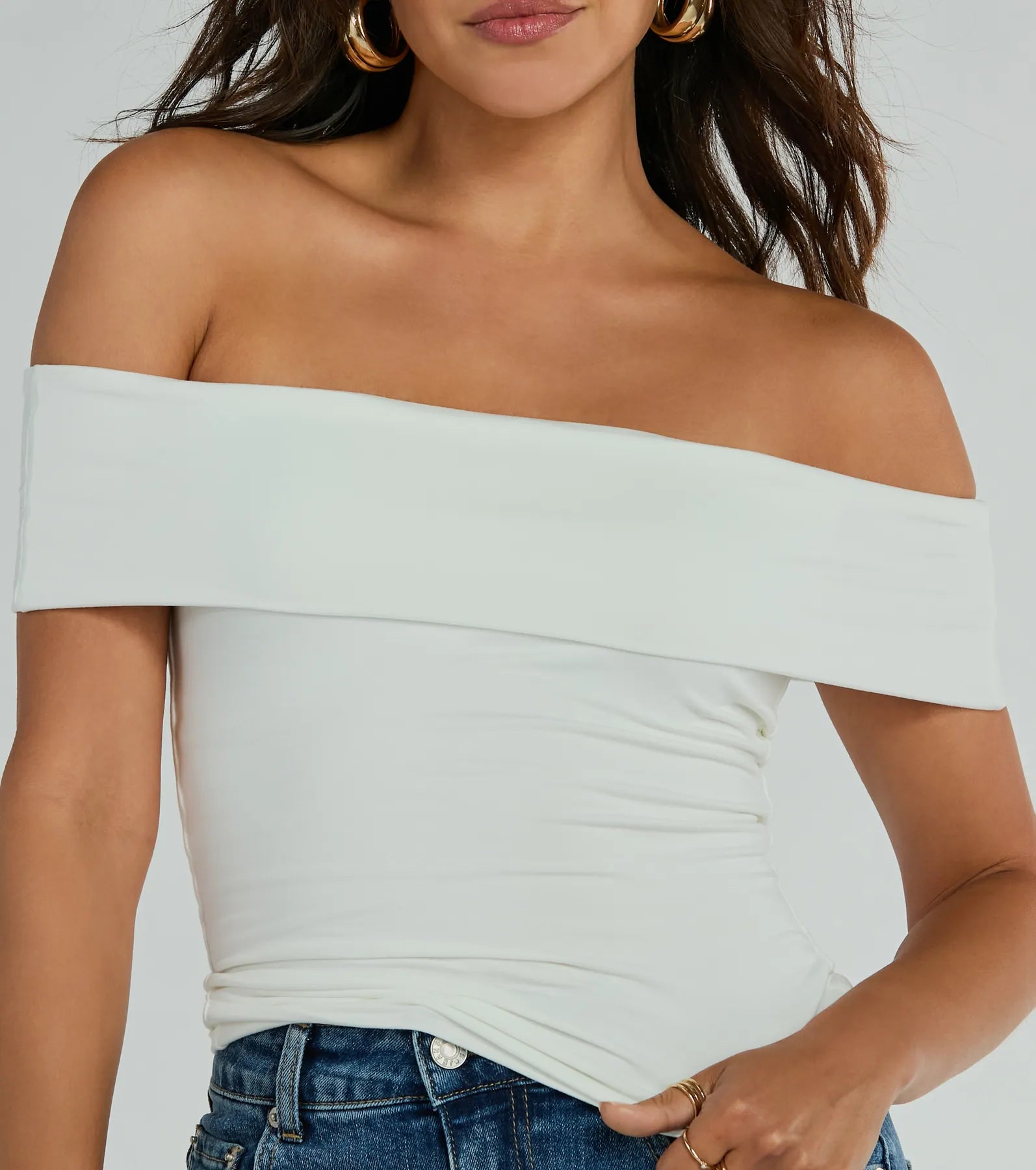 Ultimate Spotted In Town Off-The-Shoulder Crop Top