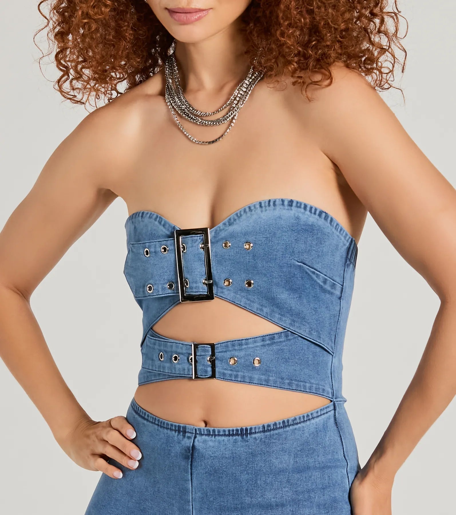 Ultimate Strapless Denim Jumpsuit with Buckle Details & Flare Hem