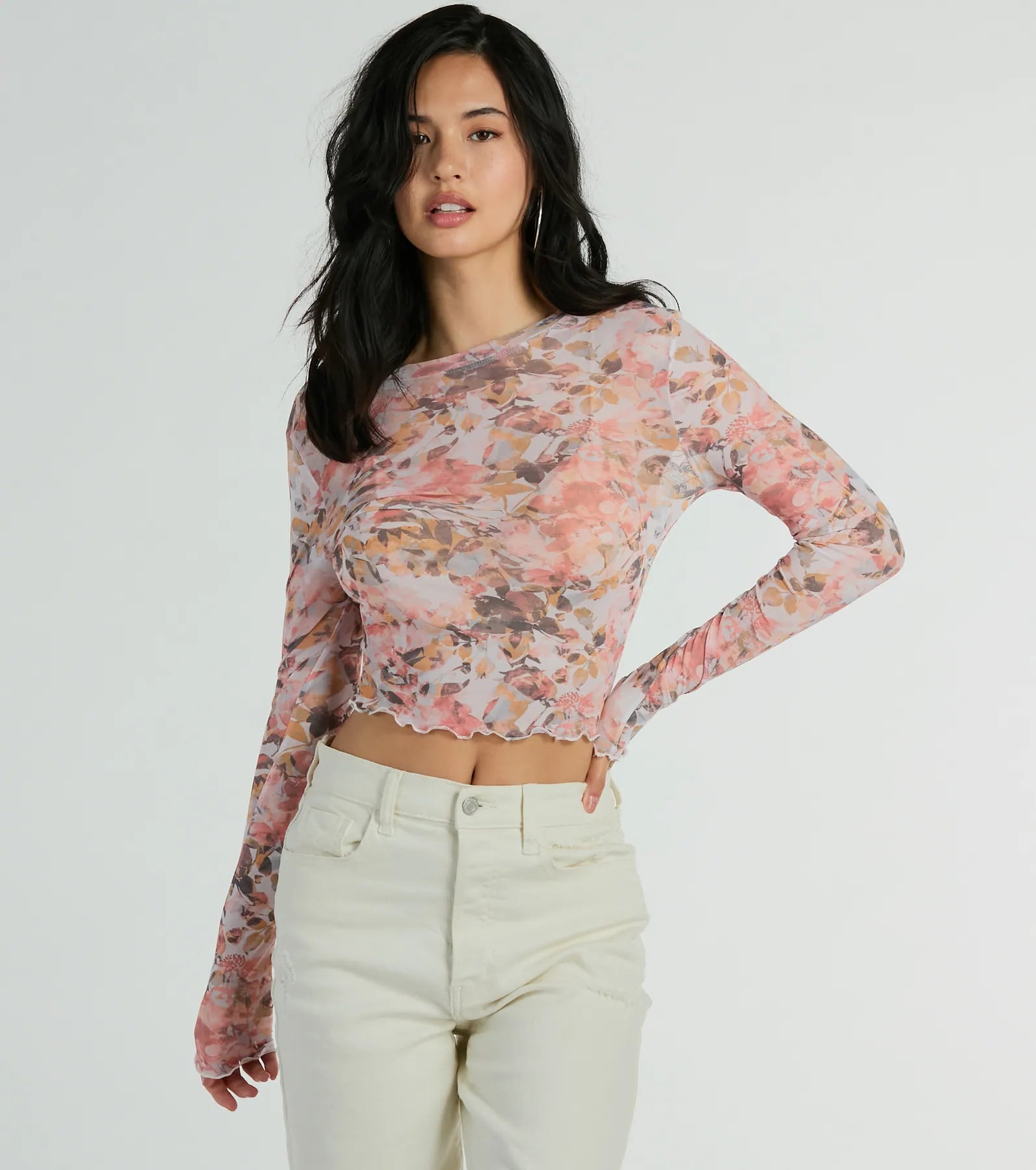 Premium Wild Flowers Long Sleeve Mesh Crop Top