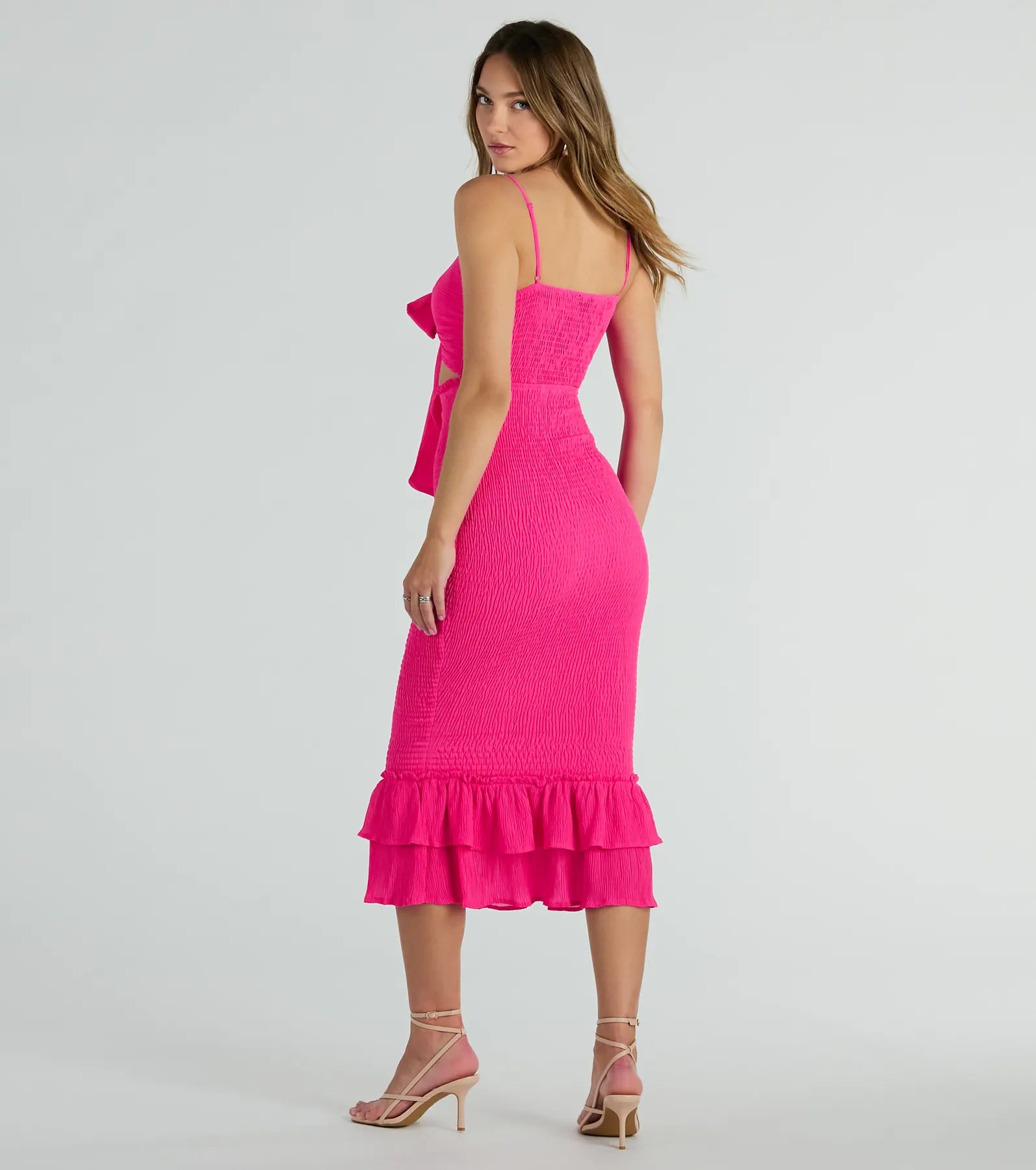 Ultimate Bold Babe Chiffon Midi Dress with Cutout & Ruffles