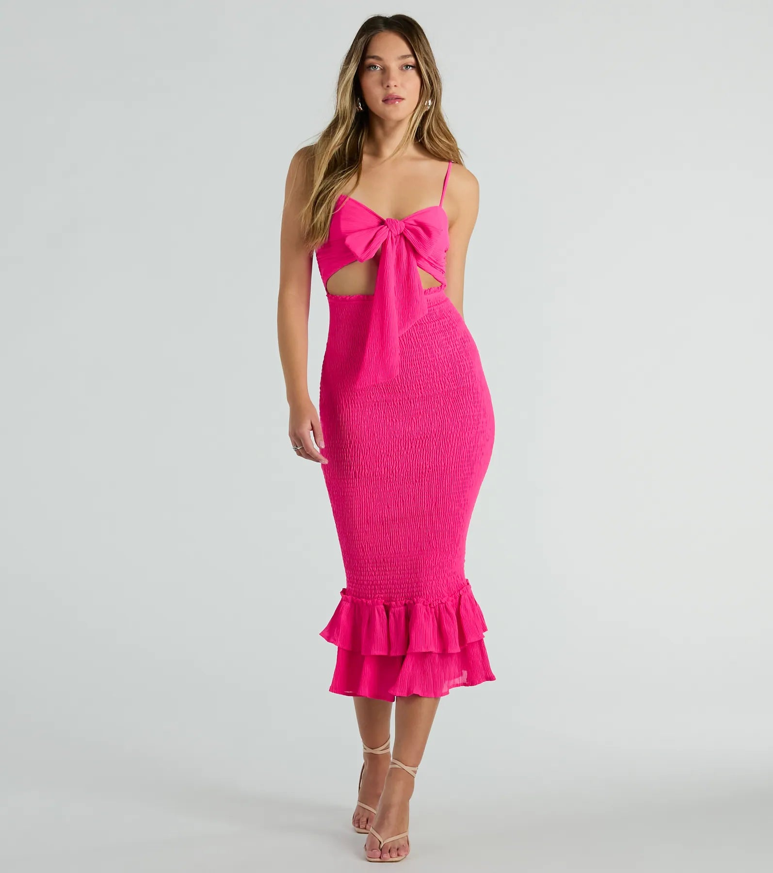 Ultimate Bold Babe Chiffon Midi Dress with Cutout & Ruffles