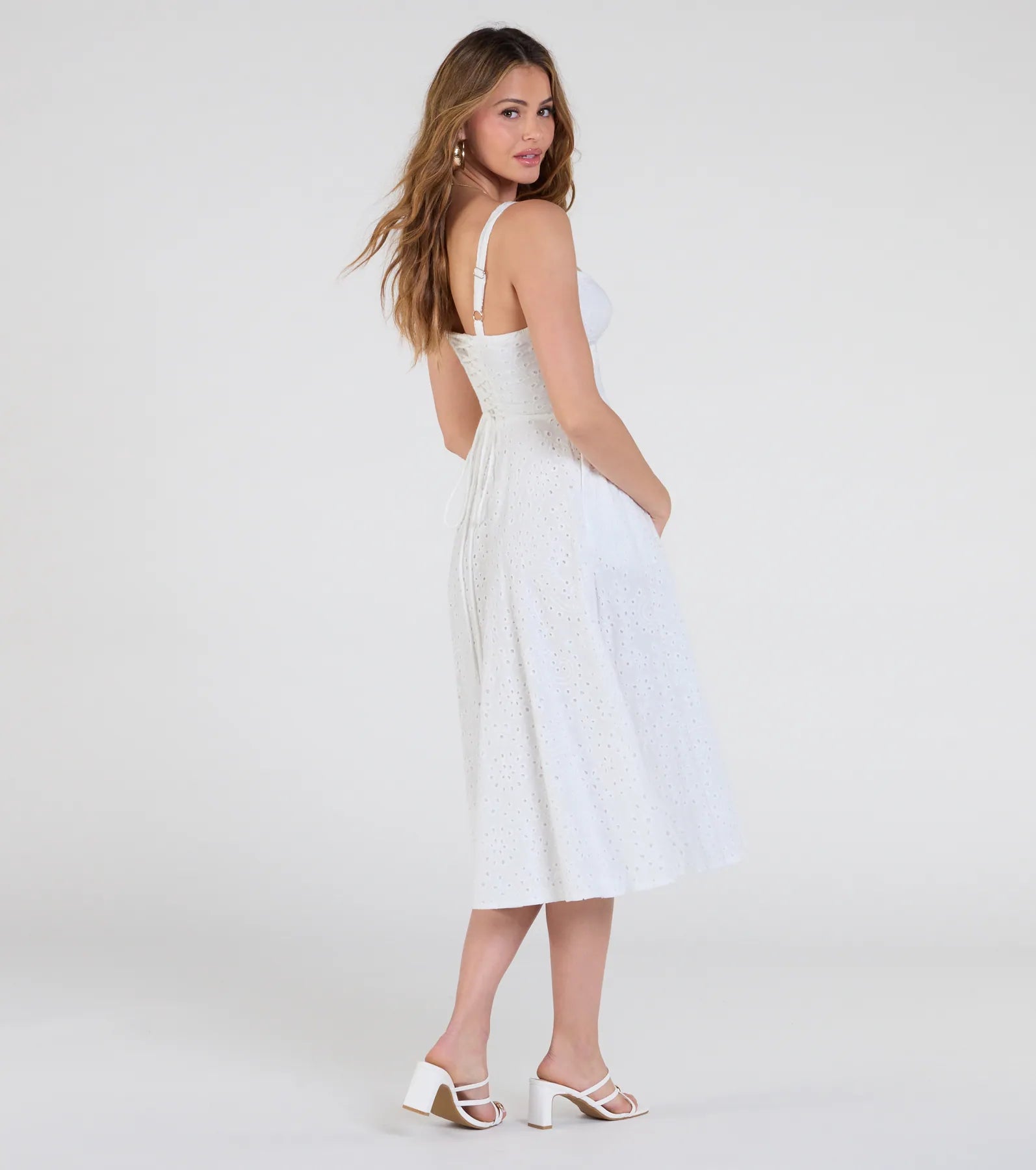 Premium Sunny Staple Square Neck Eyelet Midi Dress with Pockets - Ultimate Summer Wardrobe Essential