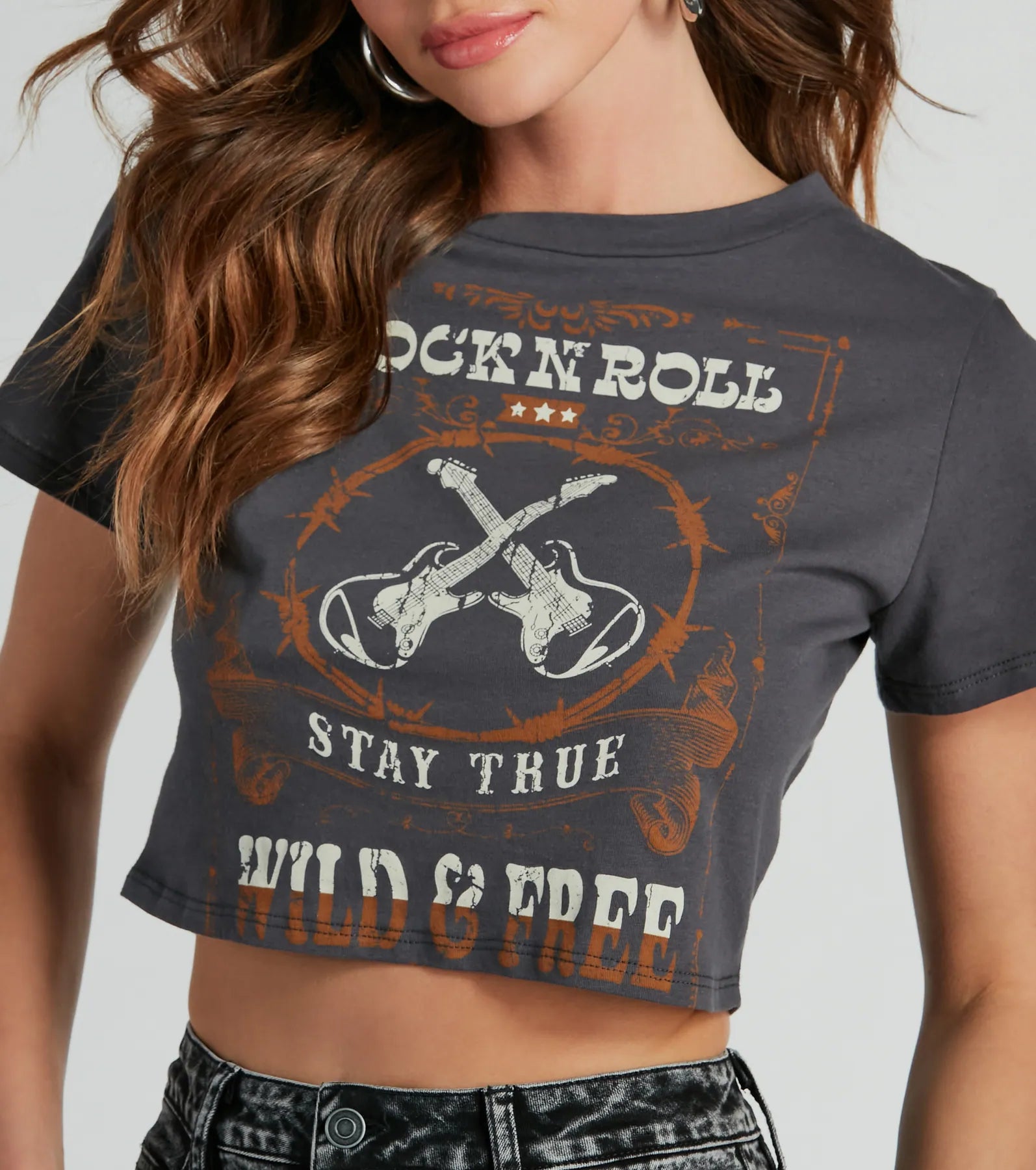 Premium Rock N Roll Graphic Crop Tee - Stay True & Wild